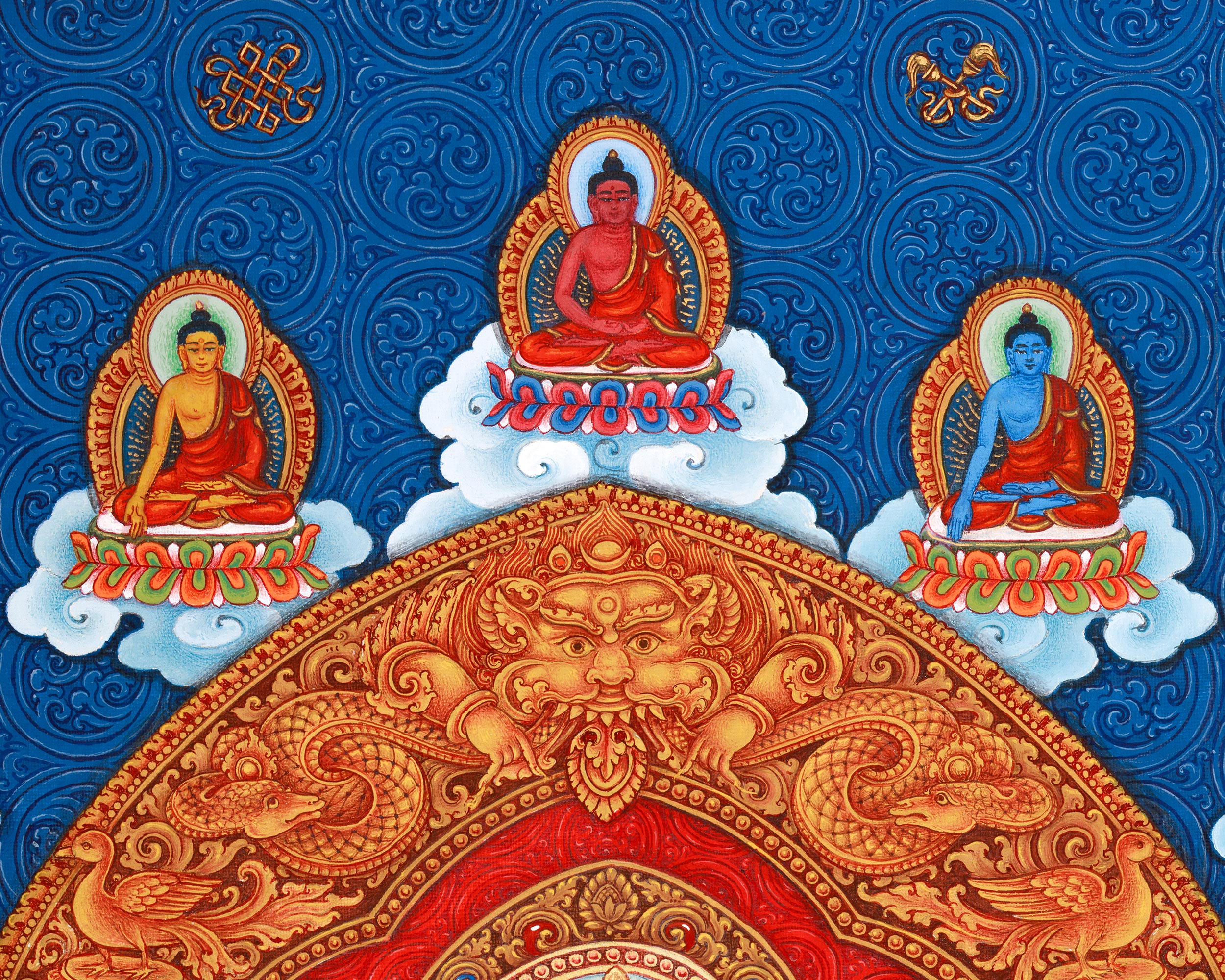 Standing Avalokiteshvara (Guanyin) Thangka Print | 5 Dhyani Buddhas | High-Quality Giclee Print for Meditation | Paubha Painting