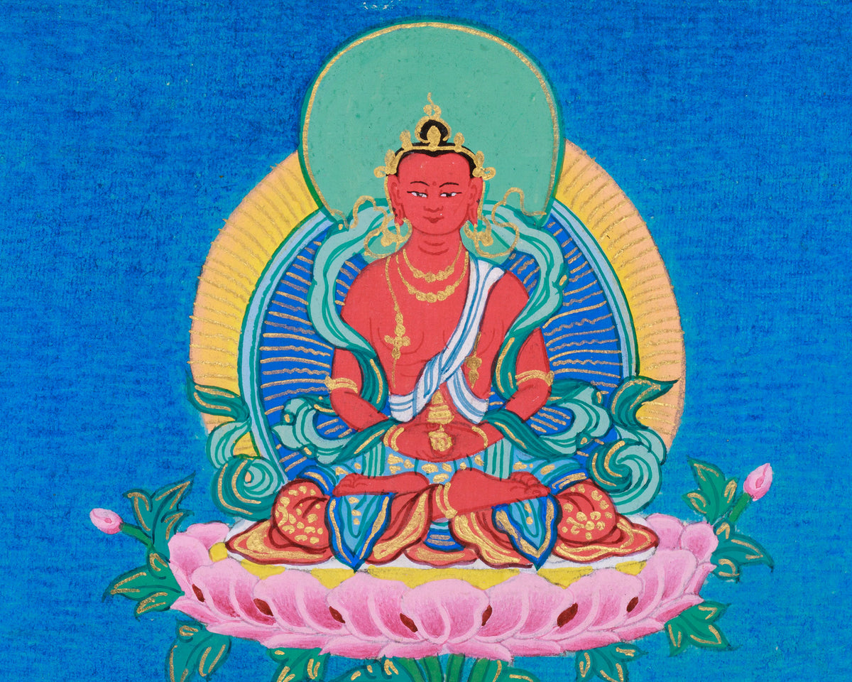 White Tara with Amitayus Buddha Art | Sacred Tibetan Longevity Thangka