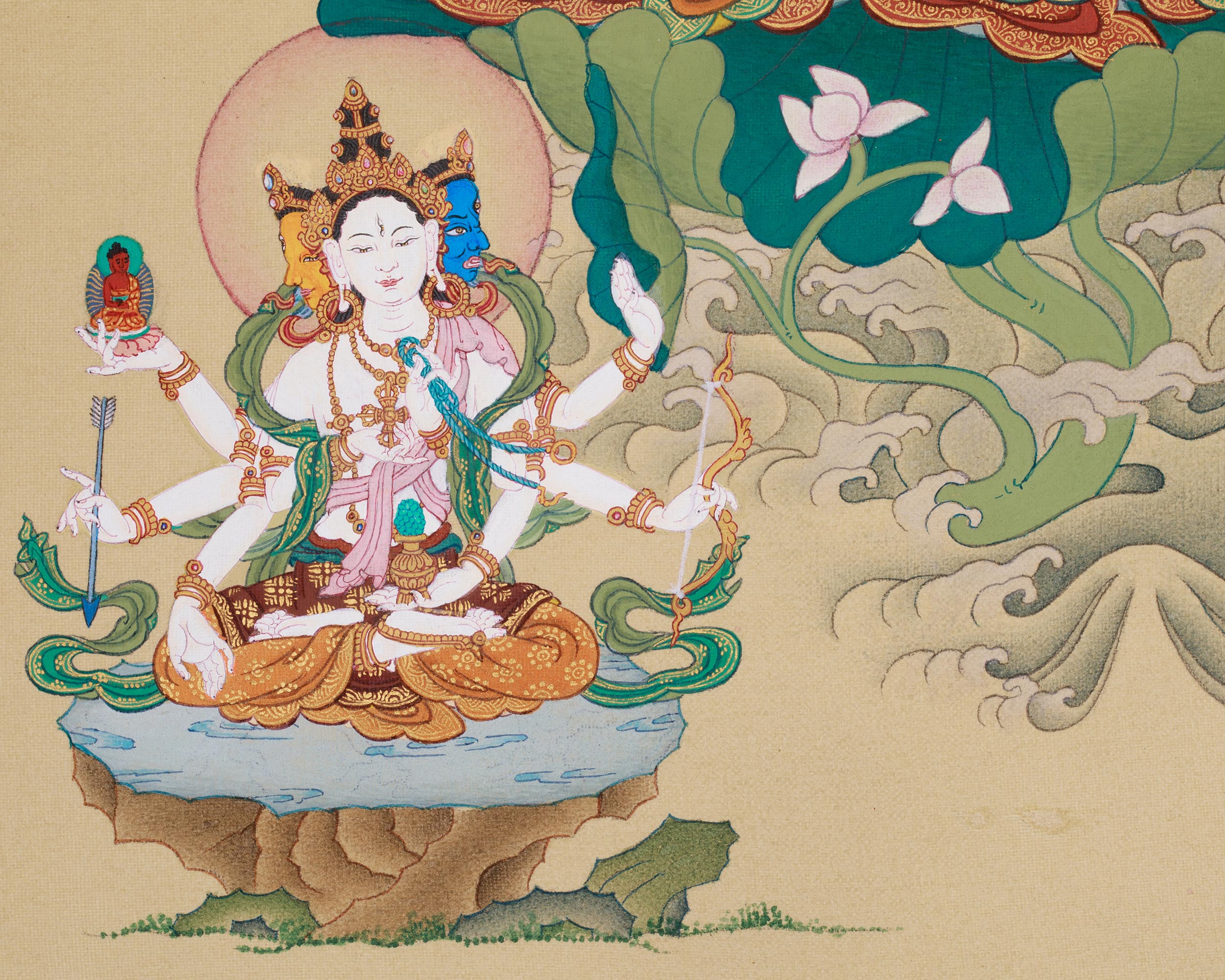 Thangka of White Tara, Amitayus, and Namgyalma | Divine Union of Healing, Compassion, and Spiritual Protection
