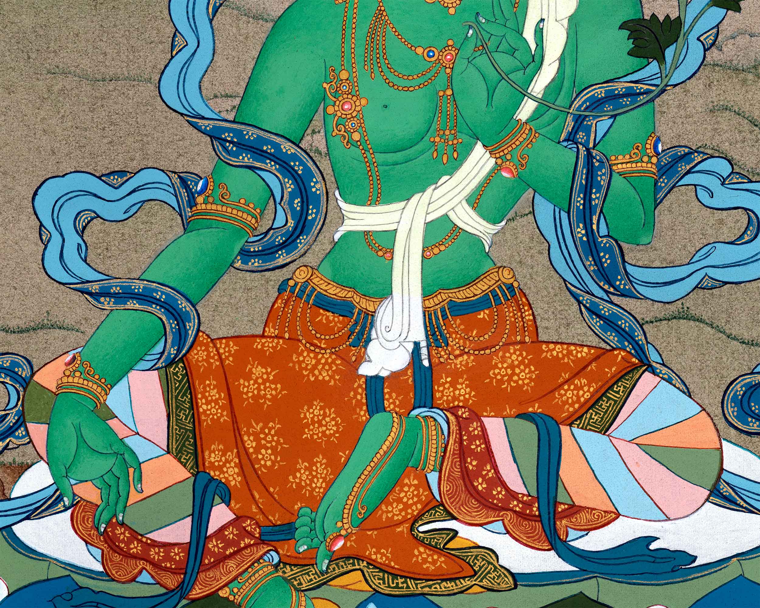 Green Tara's Serene Blessings | Goddess of Compassion in Thangka Art | Religious Decoration