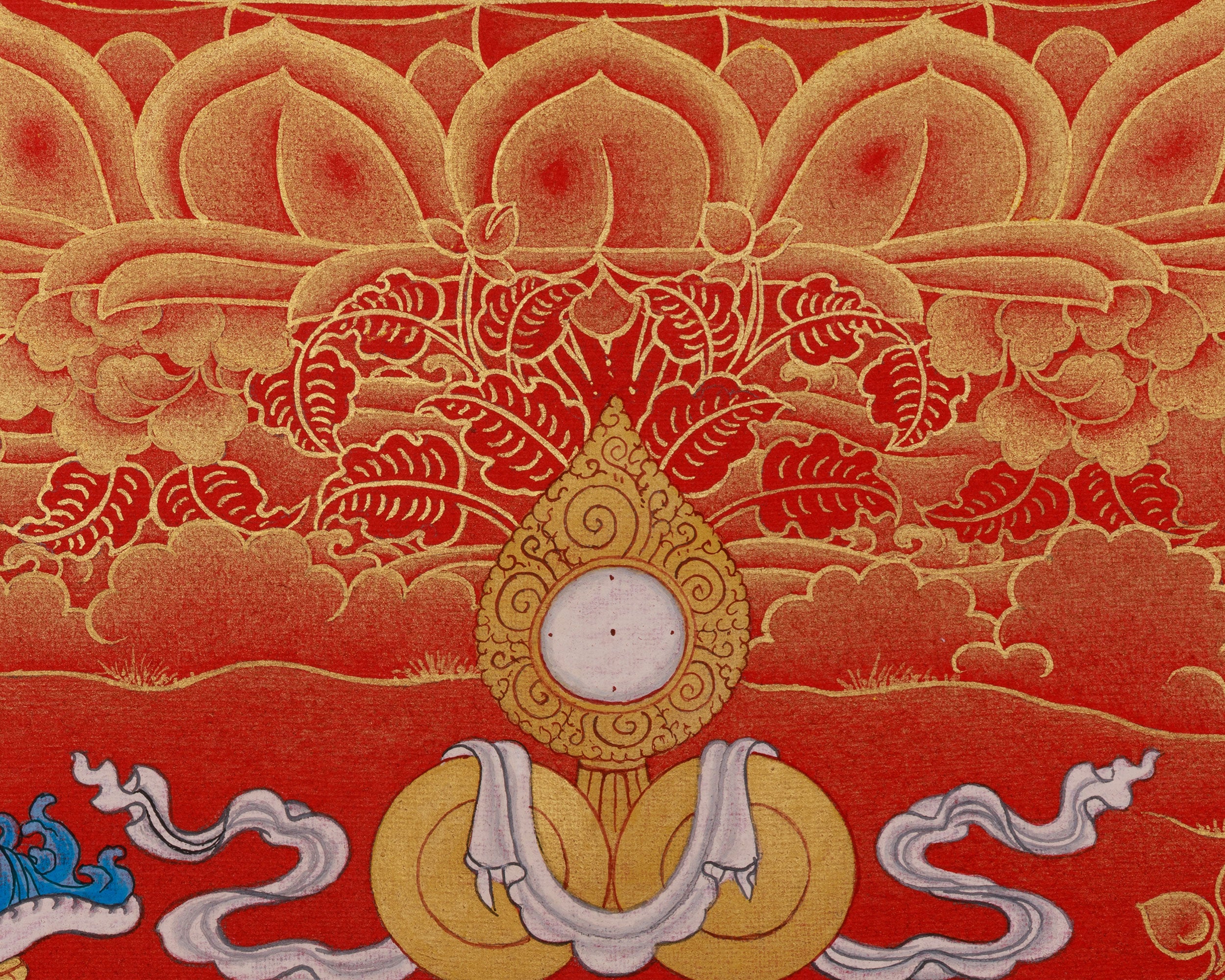 Golden Grace on Red, 4 Arms Avalokiteshvara Thangka, Deity of Compassion