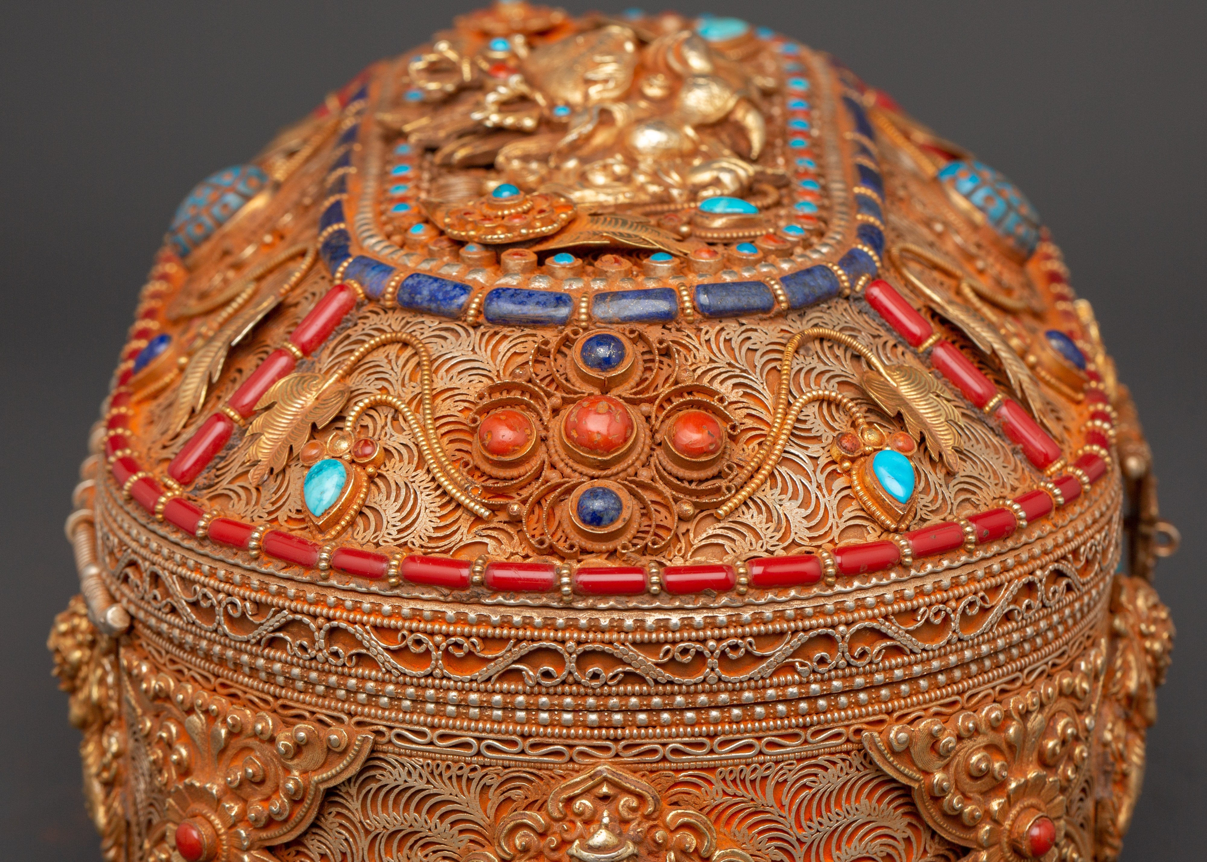 Gold-Plated Copper Tibetan Treasure Box | Coral & Turquoise Stones Inlaid Handcrafted Box