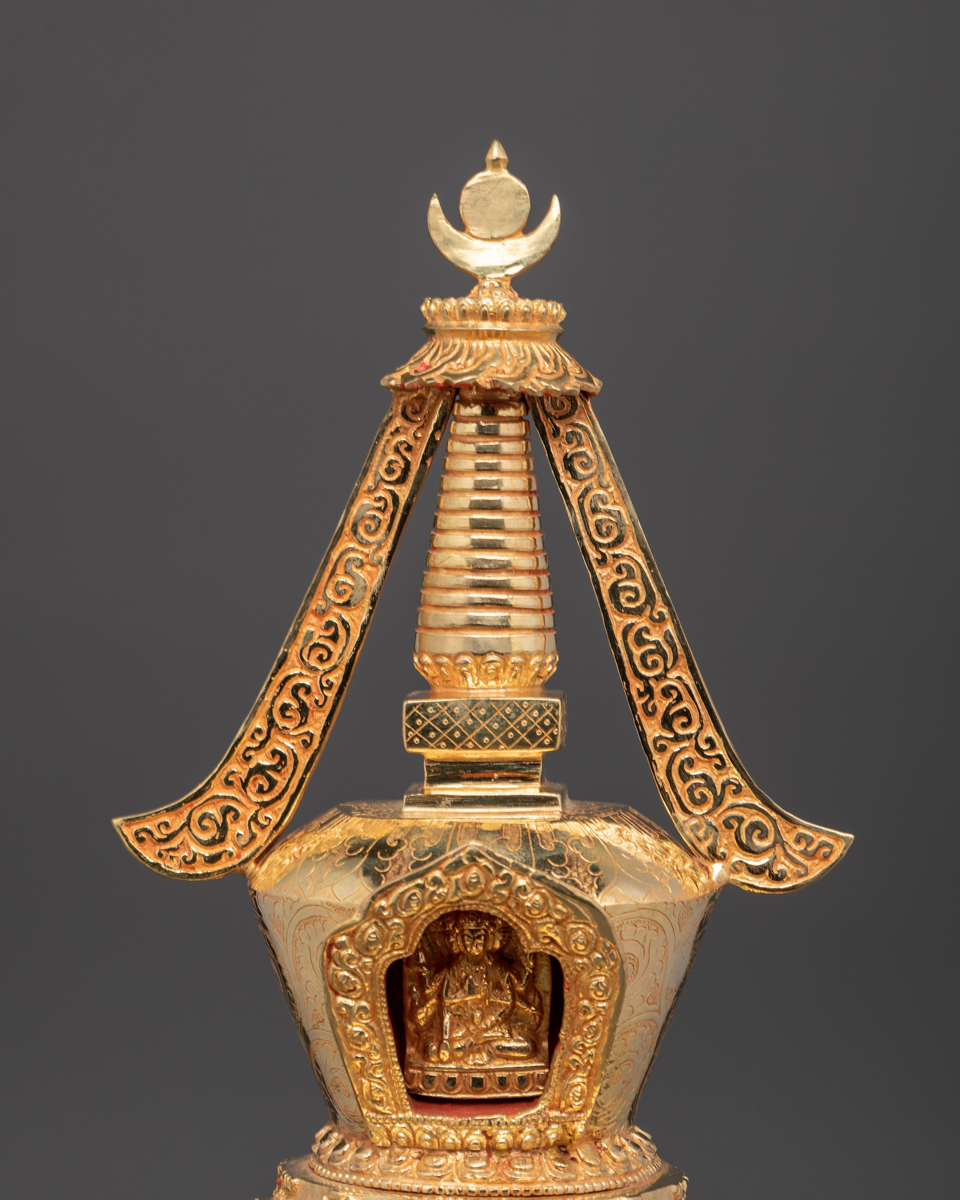 Tibetan Buddhist Stupa Sculpture | Gold Plated Copper Chorten
