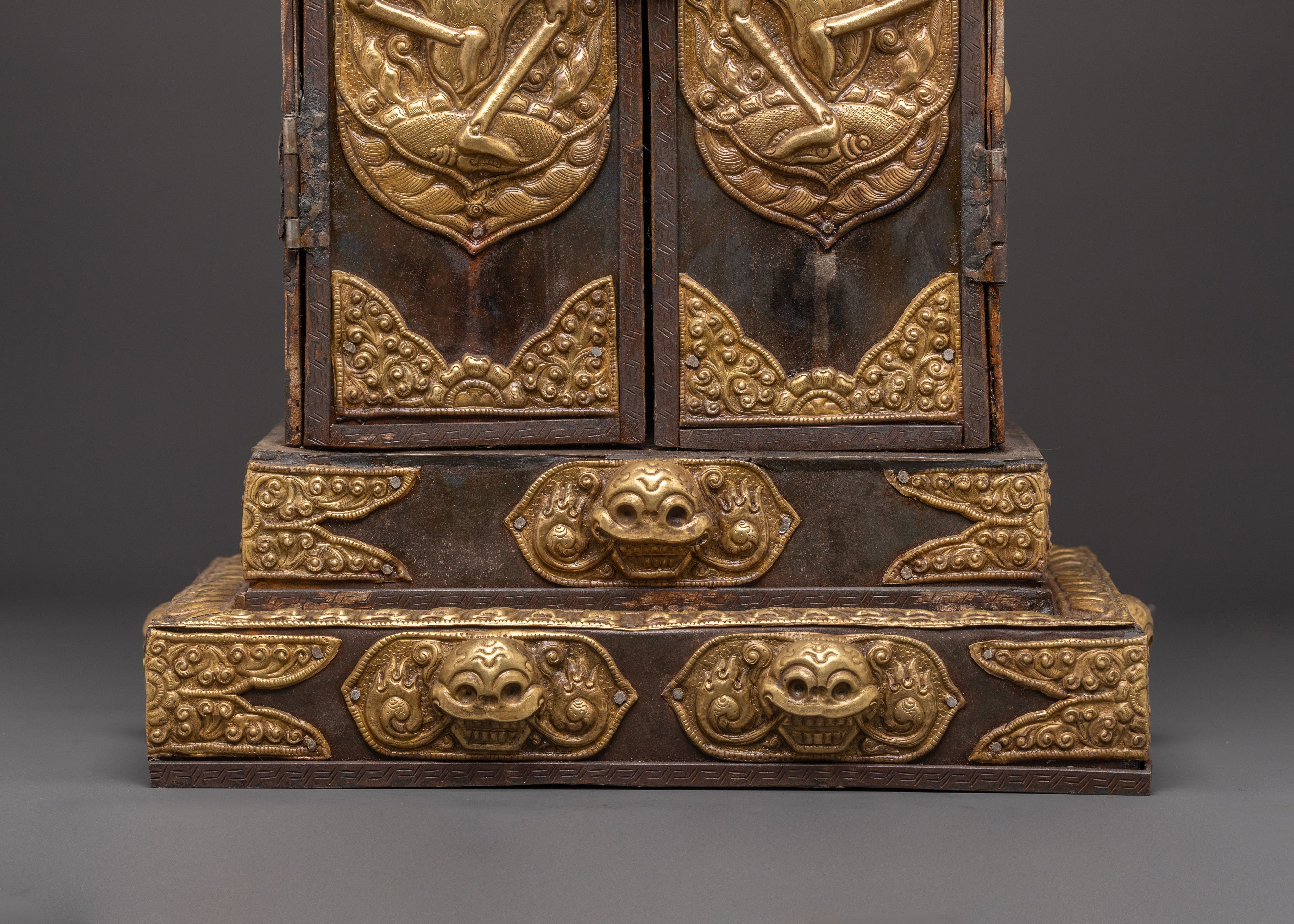Large Chitipati Carved Ghau Box | Iron and Brass Tibetan Shrine Box