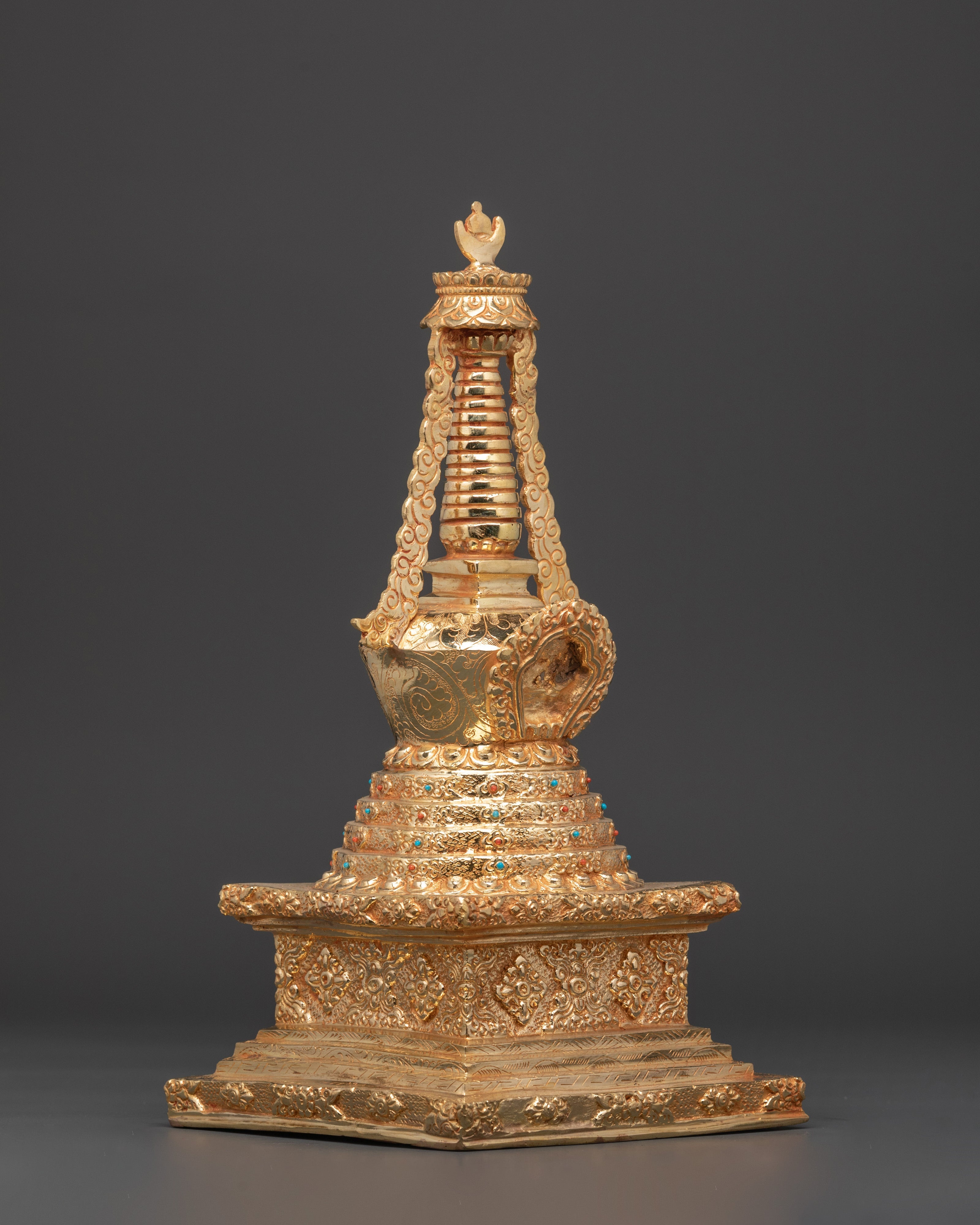 Gold-Plated Stupa Ritual Artifact | Handcrafted Copper Tibetan Stupa with Turquoise