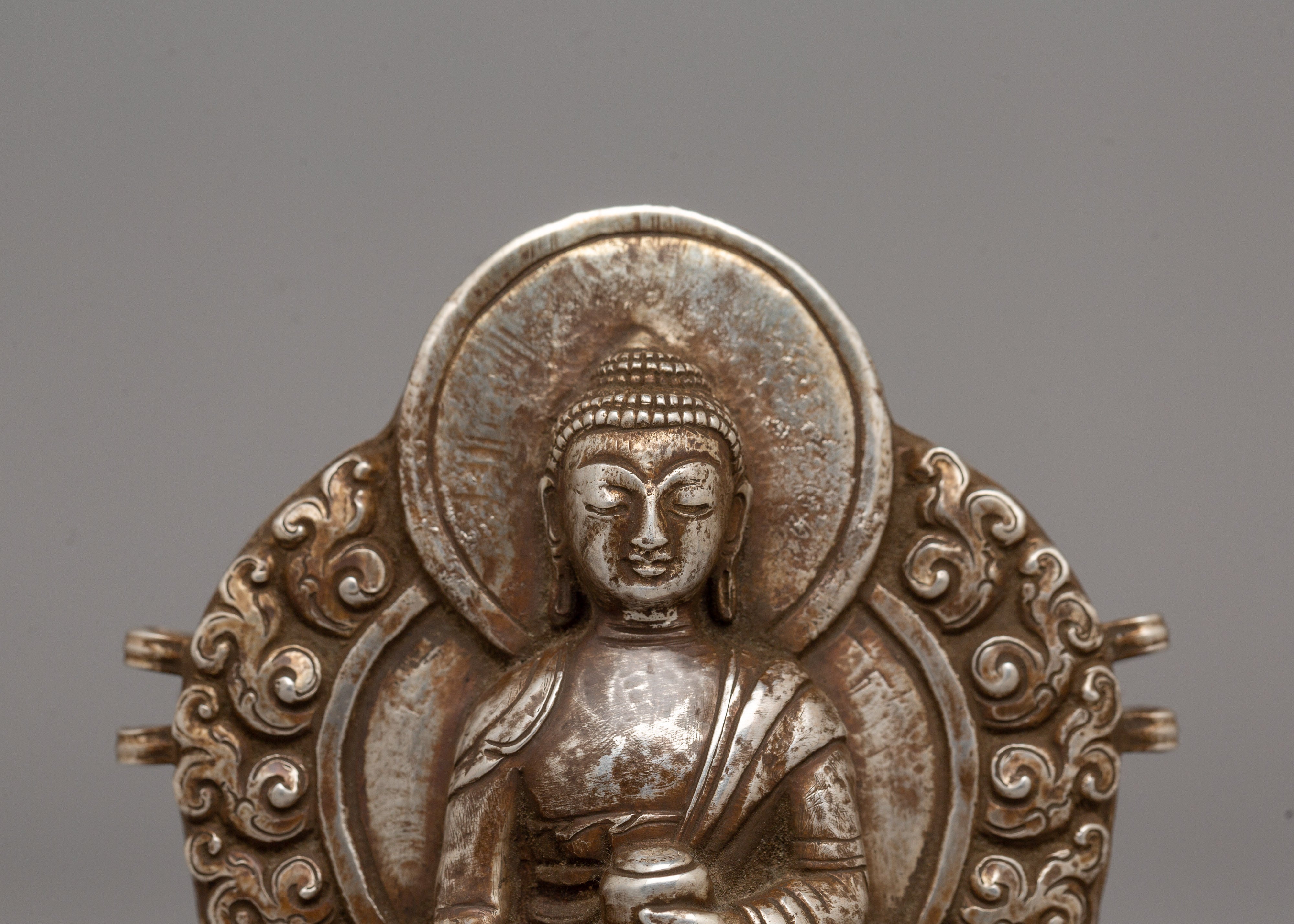 Shakyamuni Buddha Ghau Box in Silver | Sacred Buddhist Prayer Box
