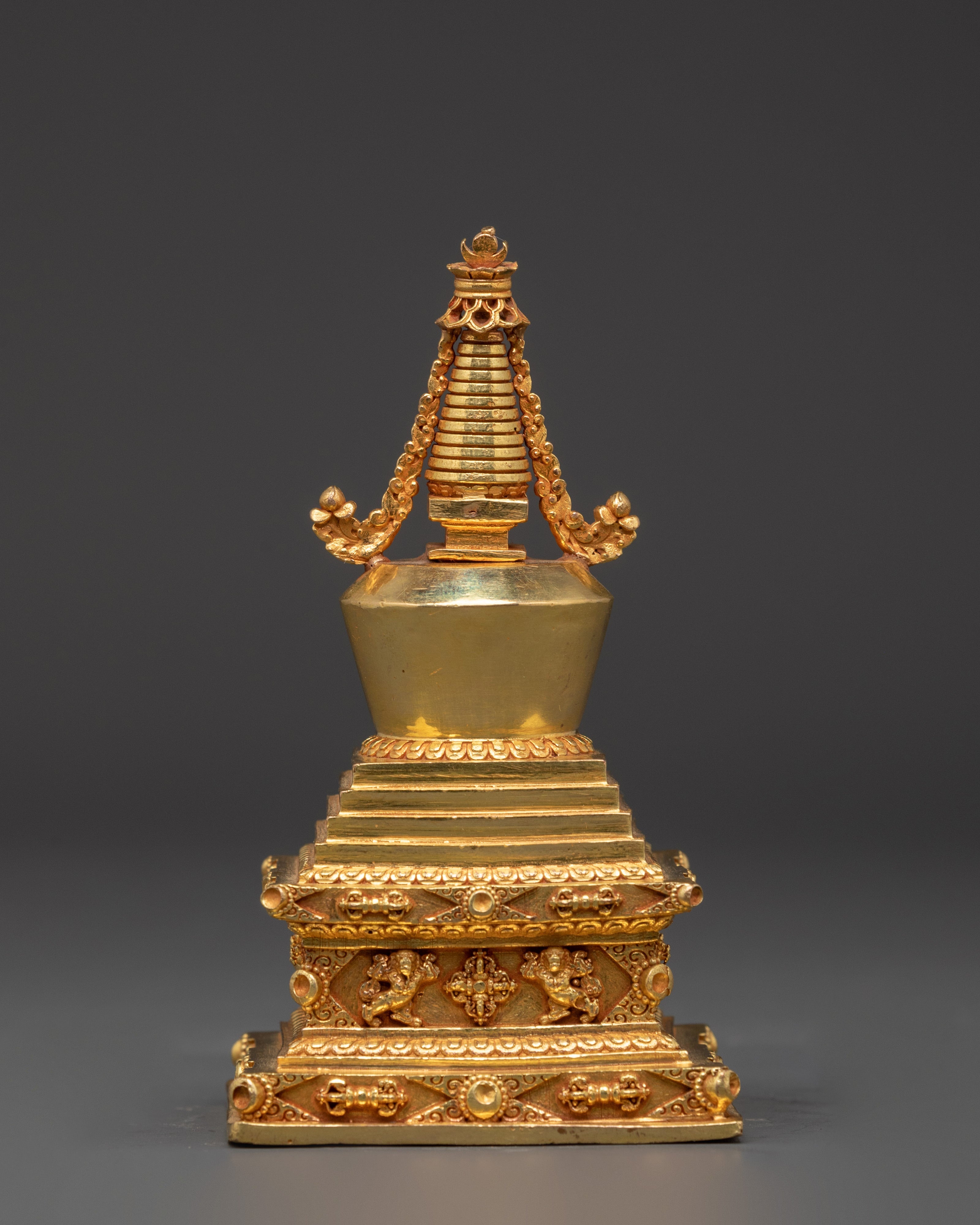 Handcrafted Buddhist Spiritual Copper Stupa Statue | Gold Plated Tibetan Decor