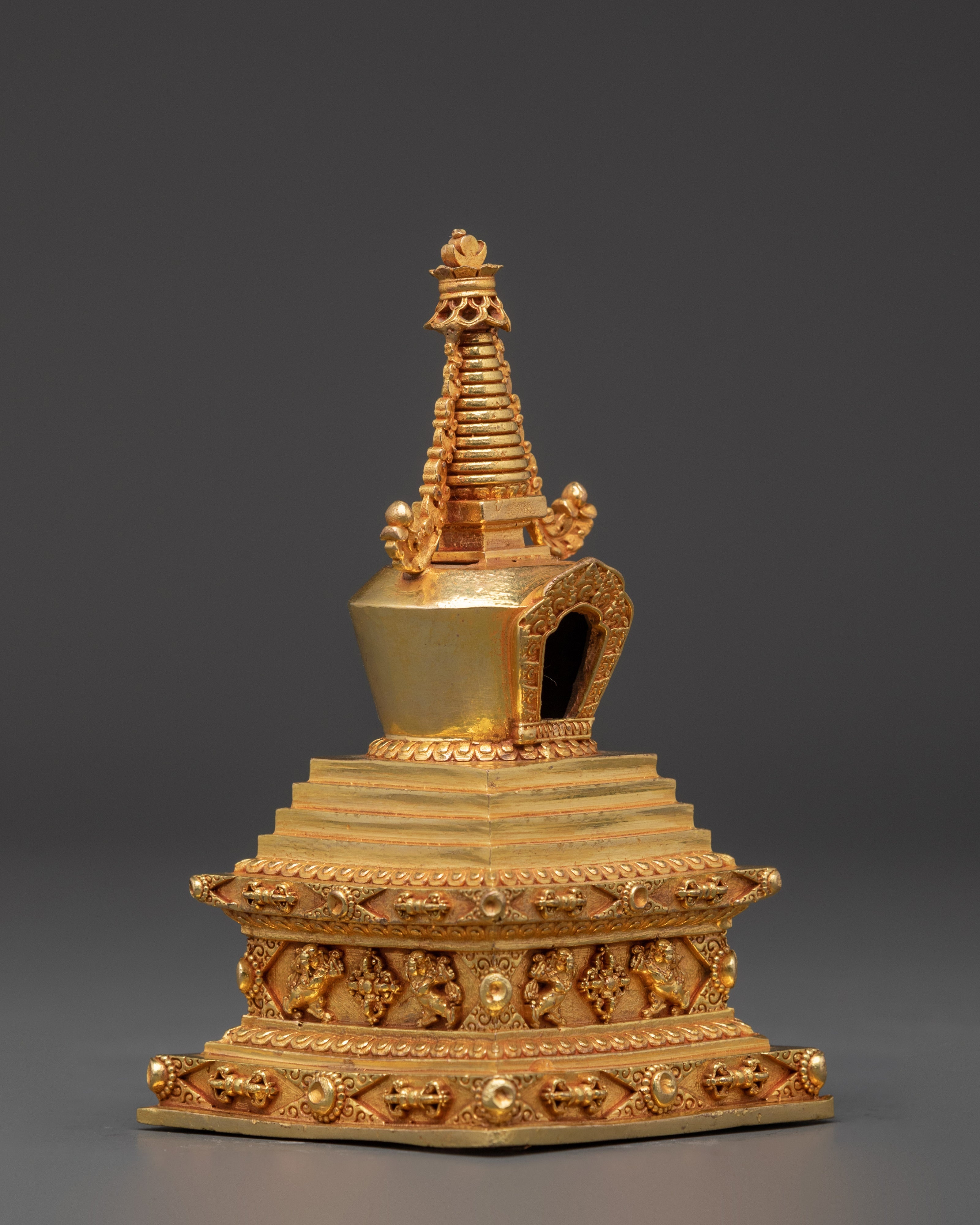 Handcrafted Buddhist Spiritual Copper Stupa Statue | Gold Plated Tibetan Decor