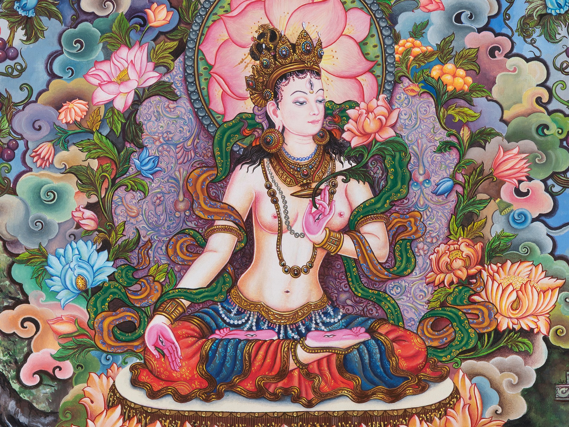 White Tara Thangka Print | Healing Goddess Art For Spiritual Serenity and Compassion