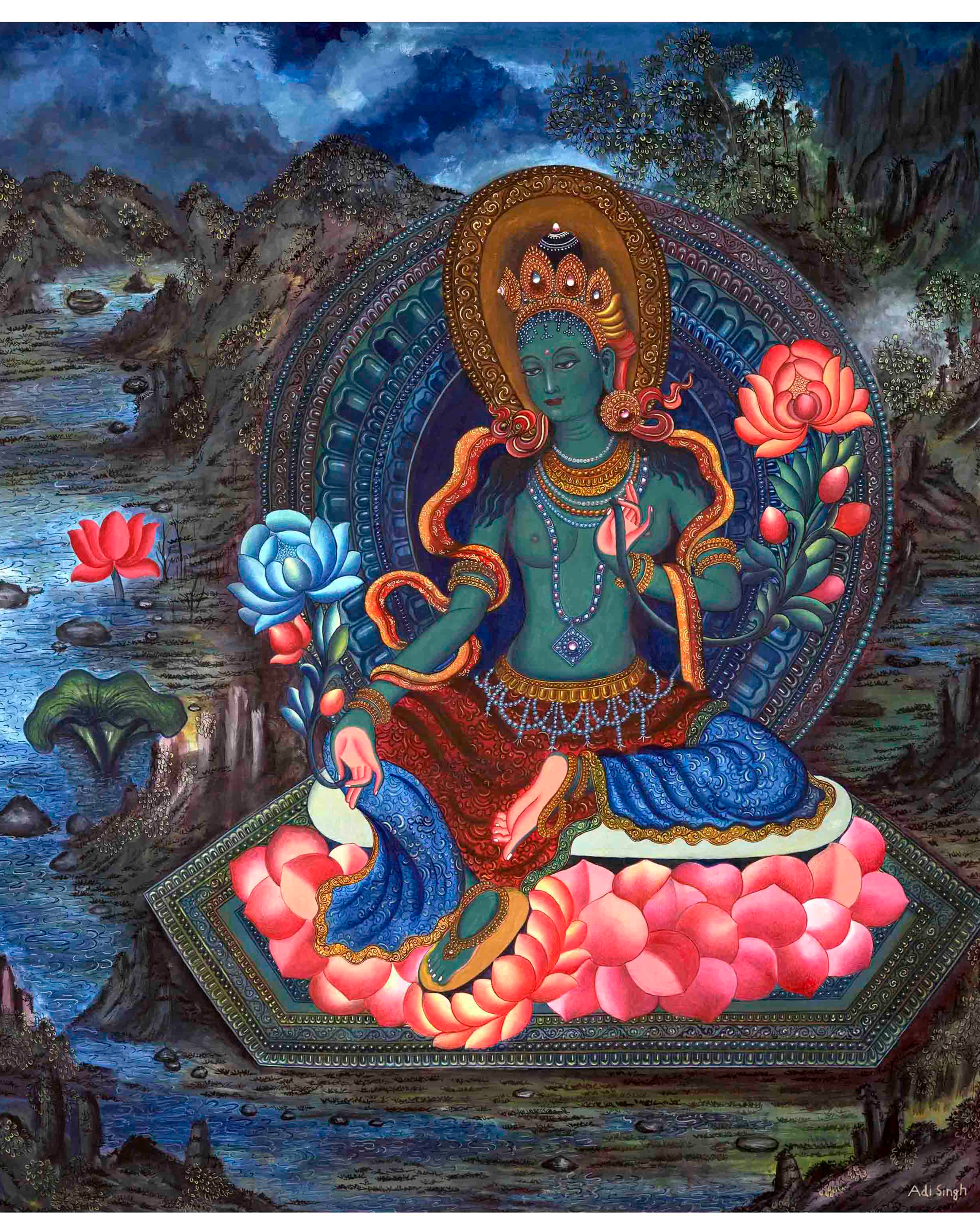 The Genuine Hand-Painted Newari Style Green Tara represents the essence of the Newari artistic tradition and the divine presence of Green Tara, a respected figure in Buddhism.