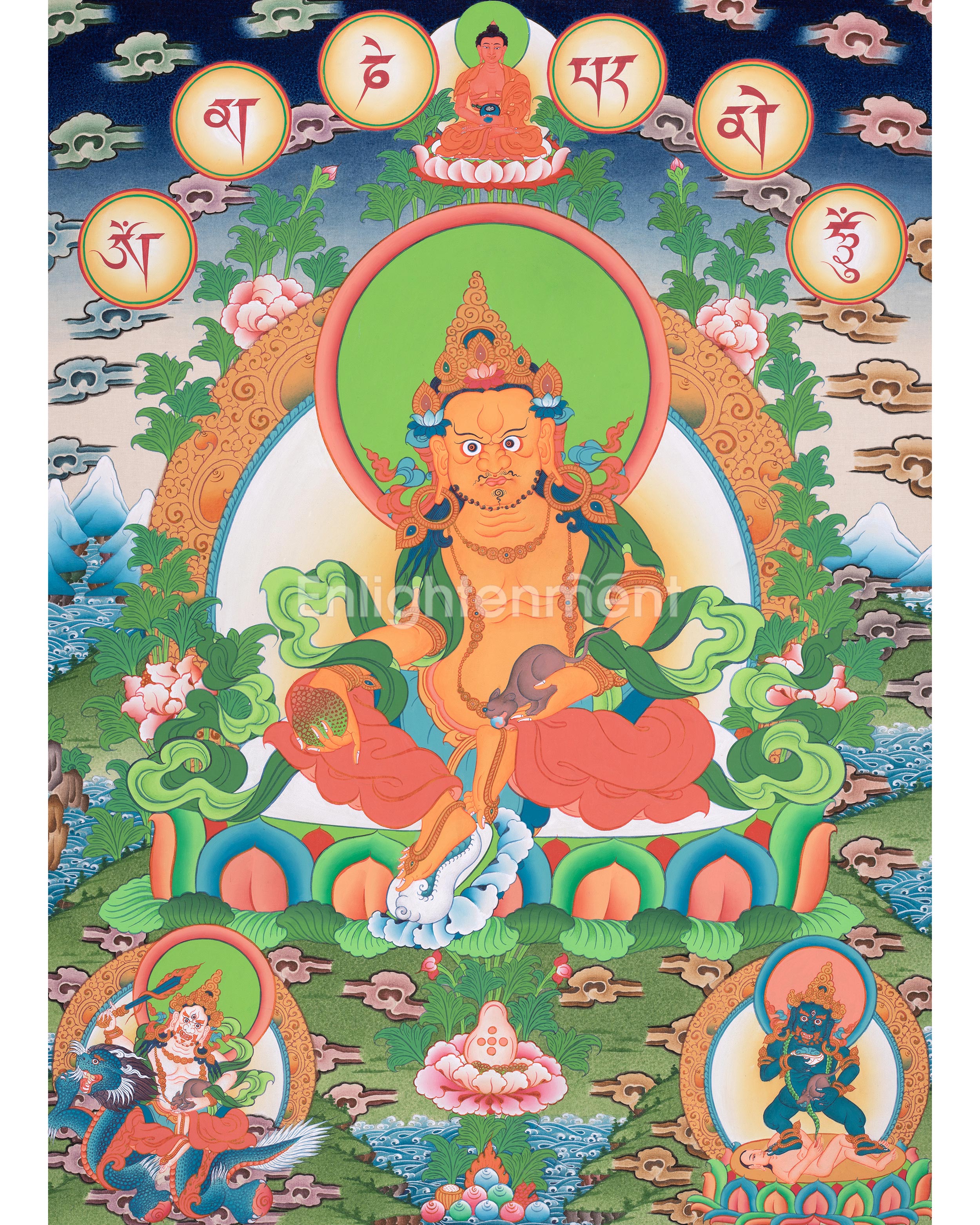 Sacred Dzambhala Thangka with Amitabha Buddha | Featuring White & Black Dzambhala