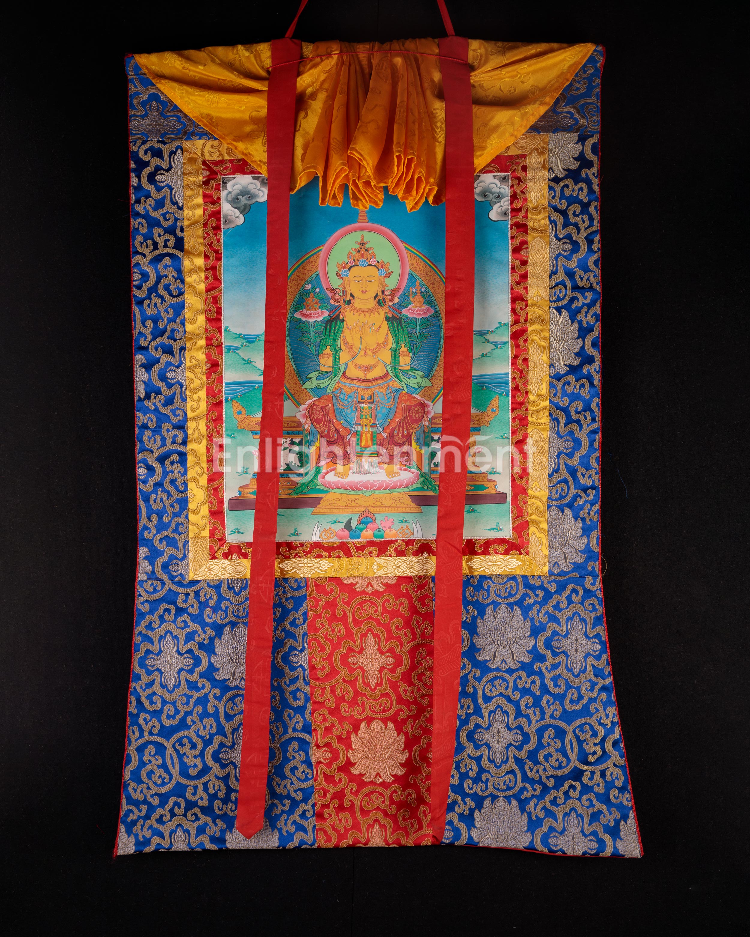 Future Buddha Maitreya Thangka | Sacred Art with Blue and Red Silk Brocade