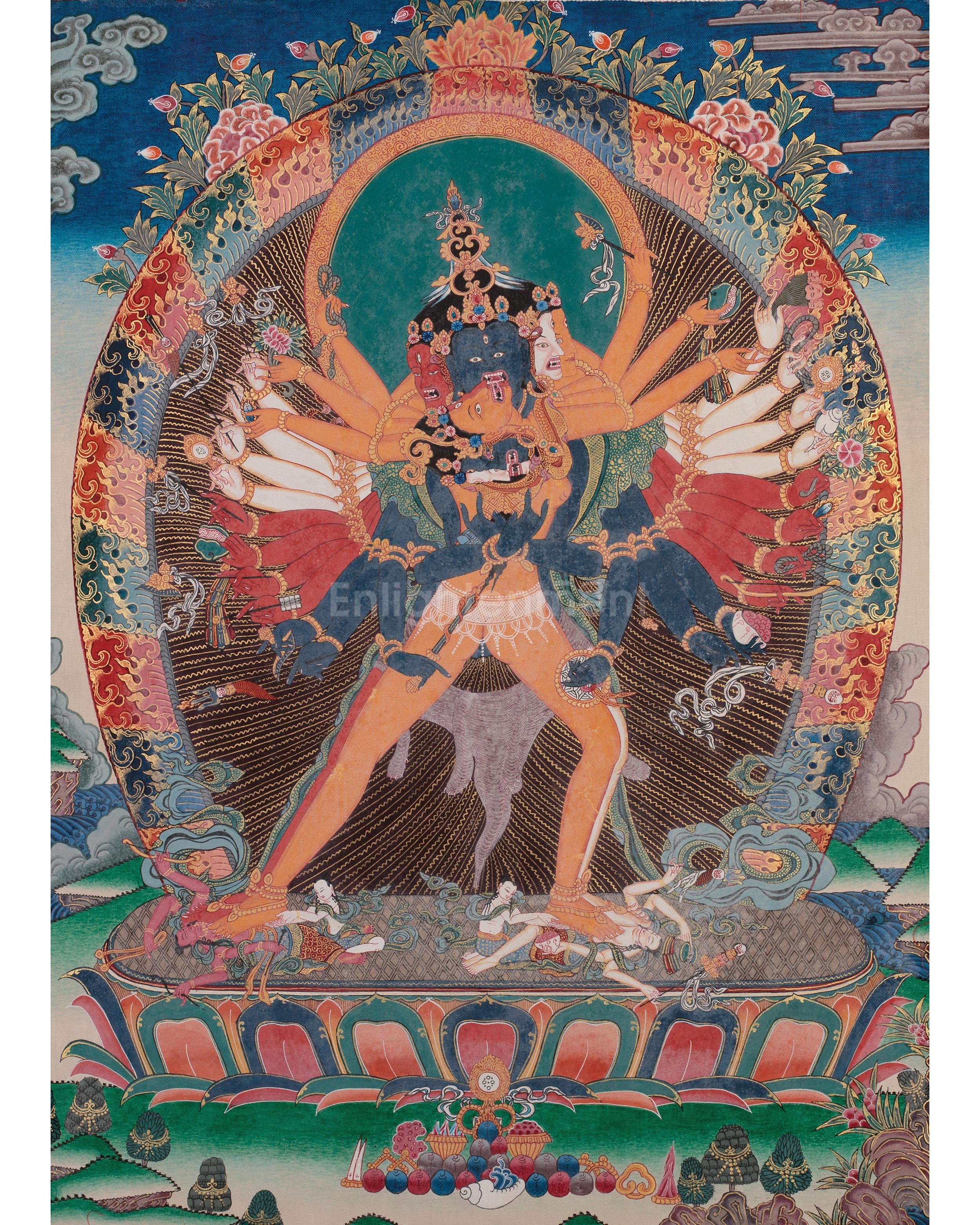 Kalachakra and Vishvamata, Yidam Deity Thangka | Red and Yellow Silk Brocade