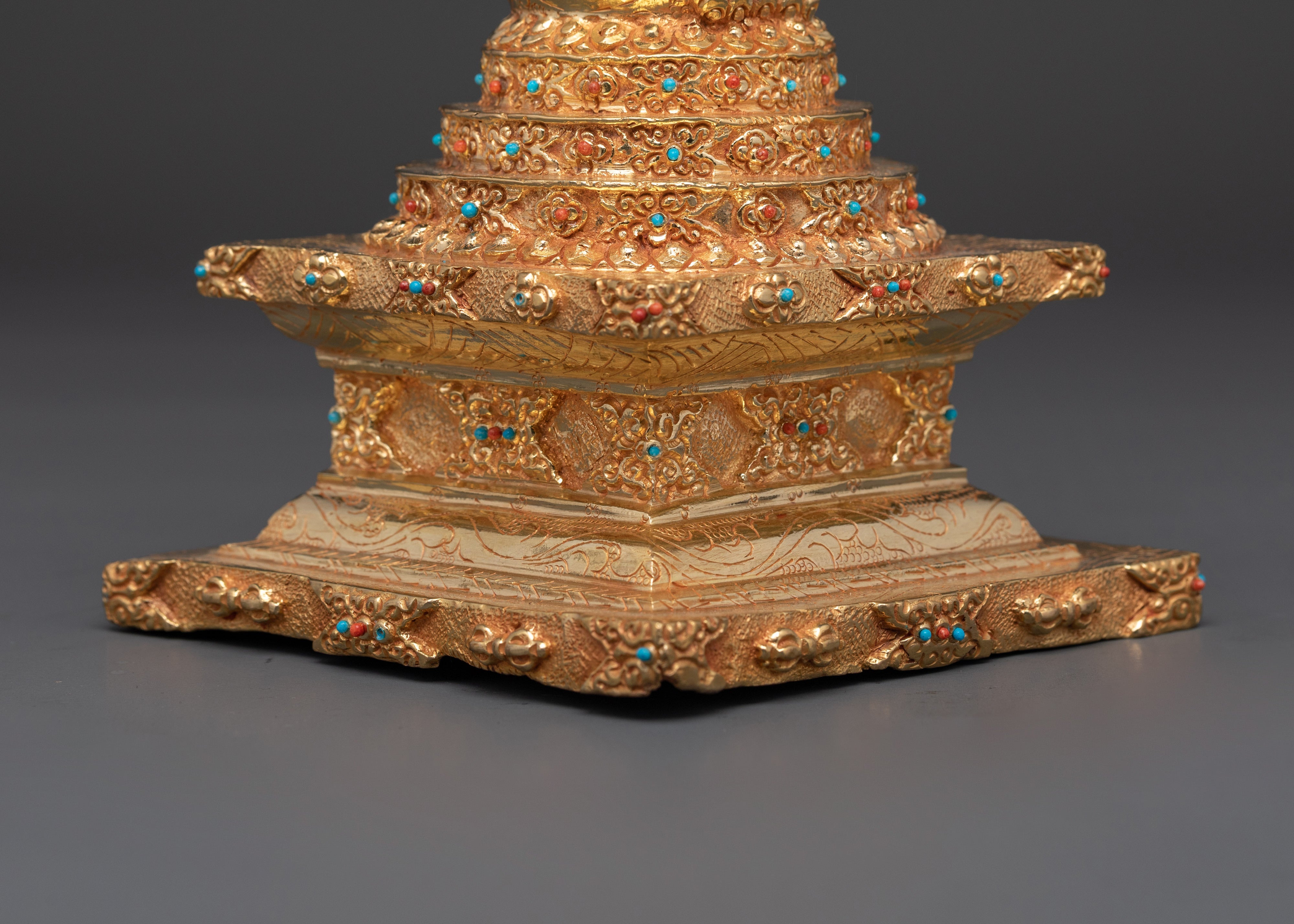 Handcrafted Tibetan Pagoda Sculpture | Gold-Plated Copper Stupa