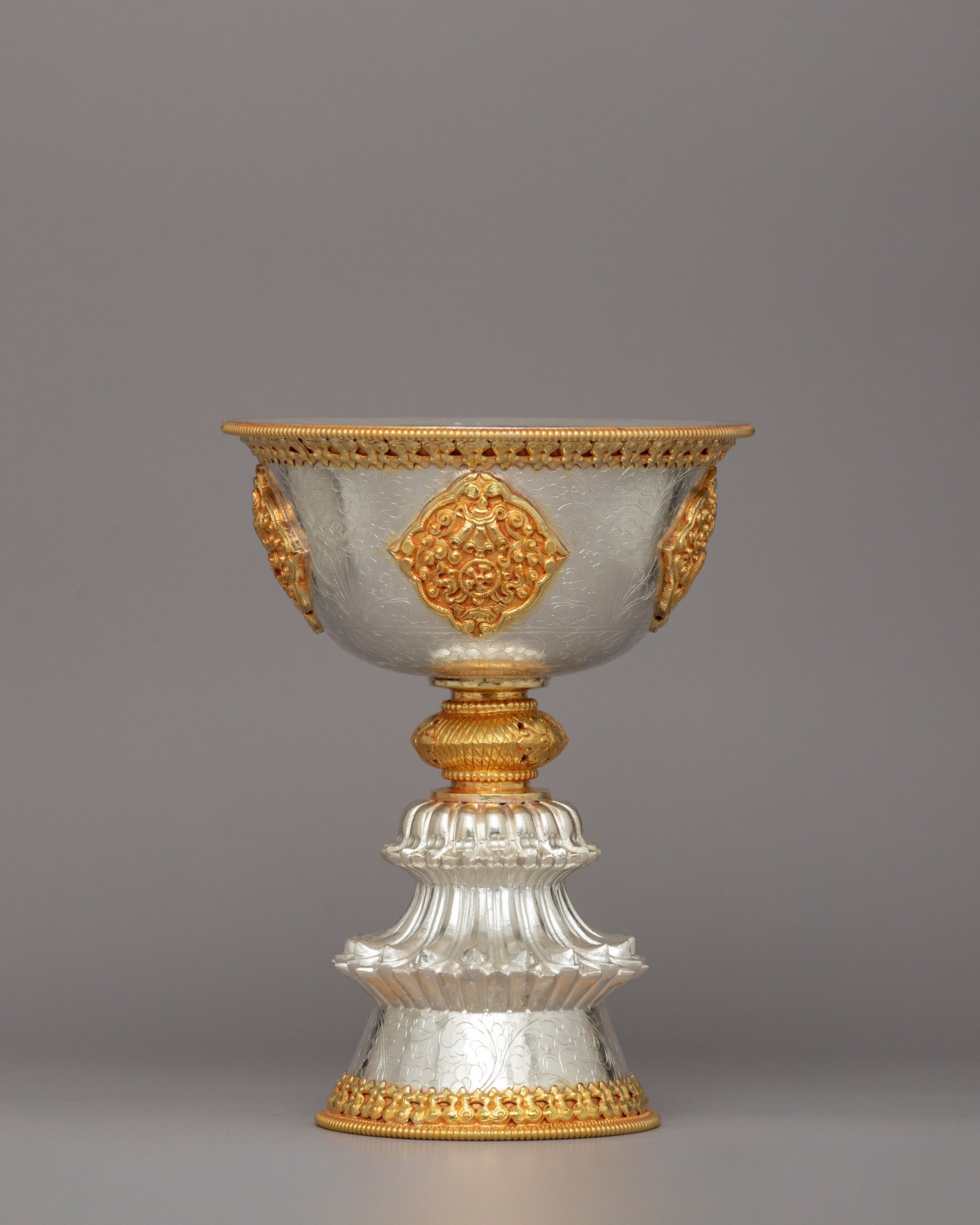 Handcrafted Silver and Gold Plated Butter Lamp Set | Buddhist Prayer Lamp