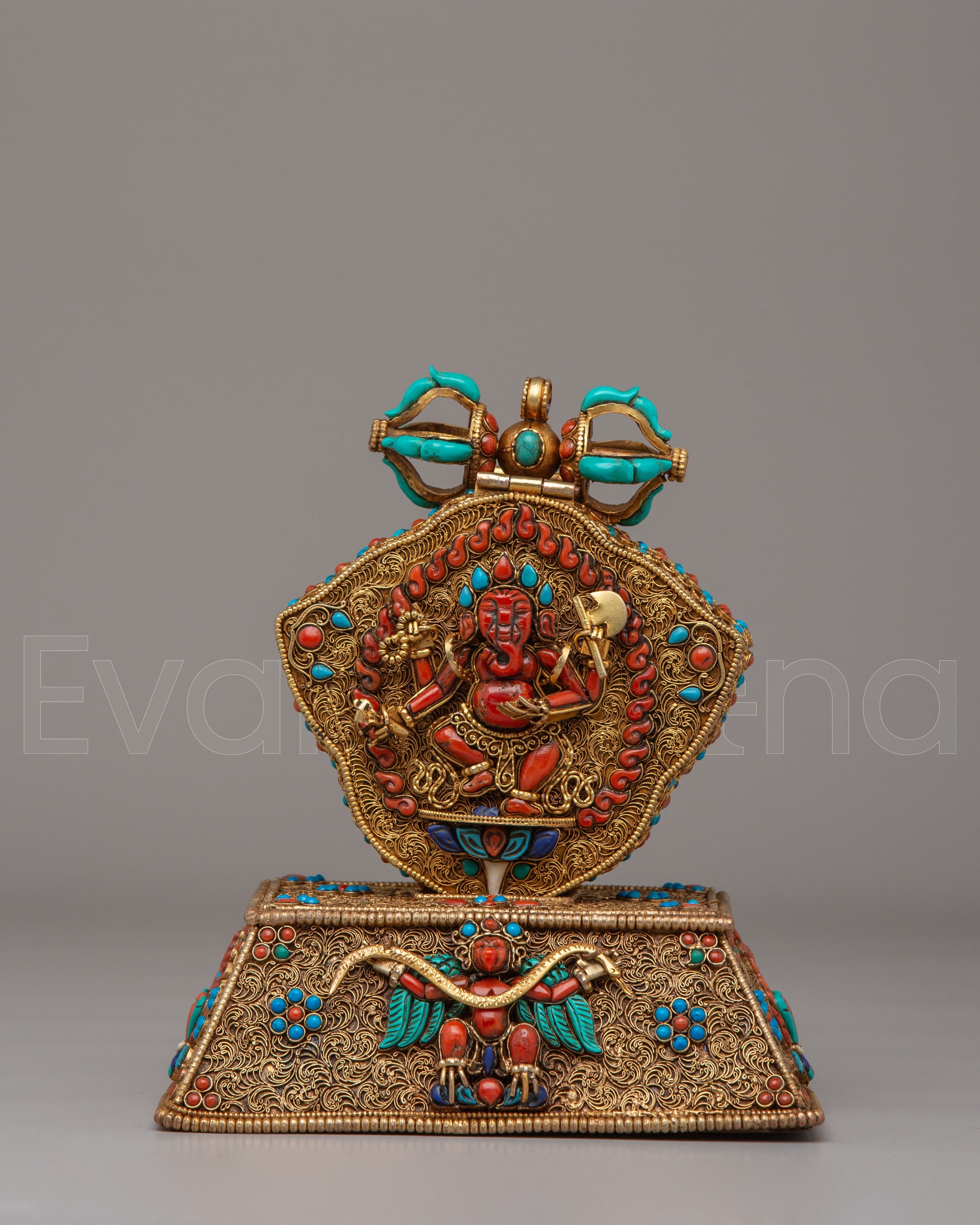 Ganesha And Garuda Ghau Box Locket | Copper With Handcarved Gemstone