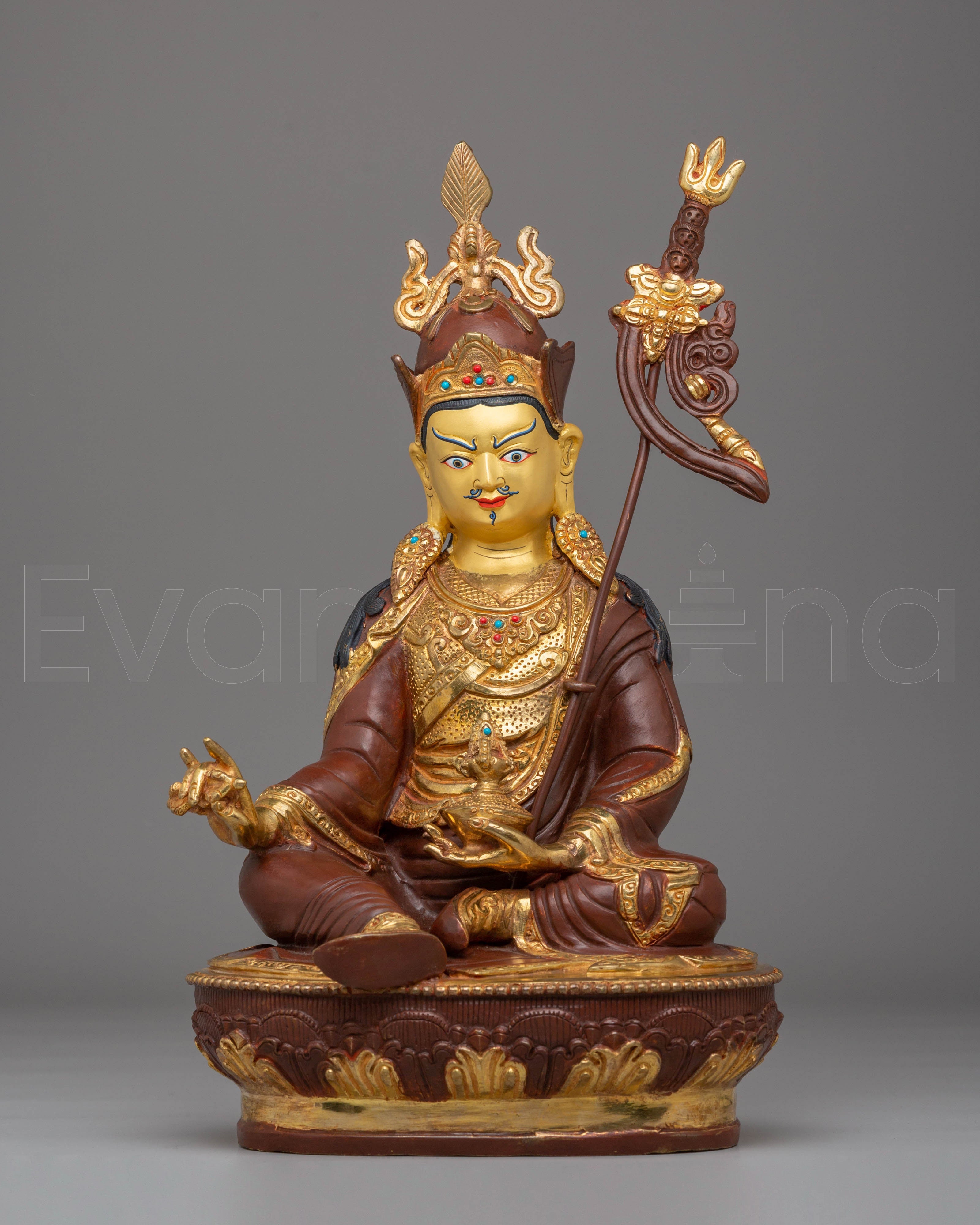 Padmasambhava Himalayan Statue | Copper, Gold-Plated with Coral & Turquoise Accents