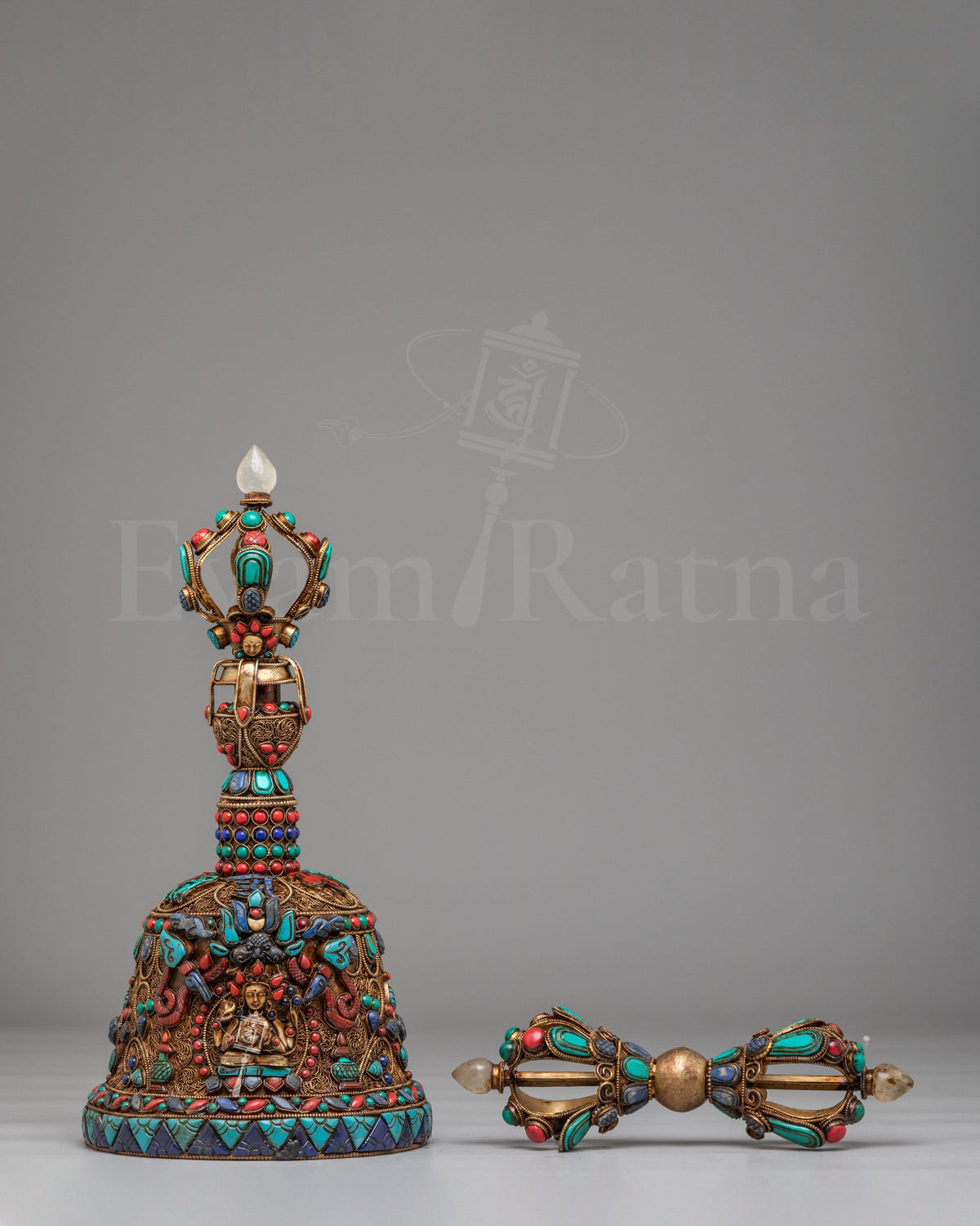 Gemstone Carved Vajra and Bell Set