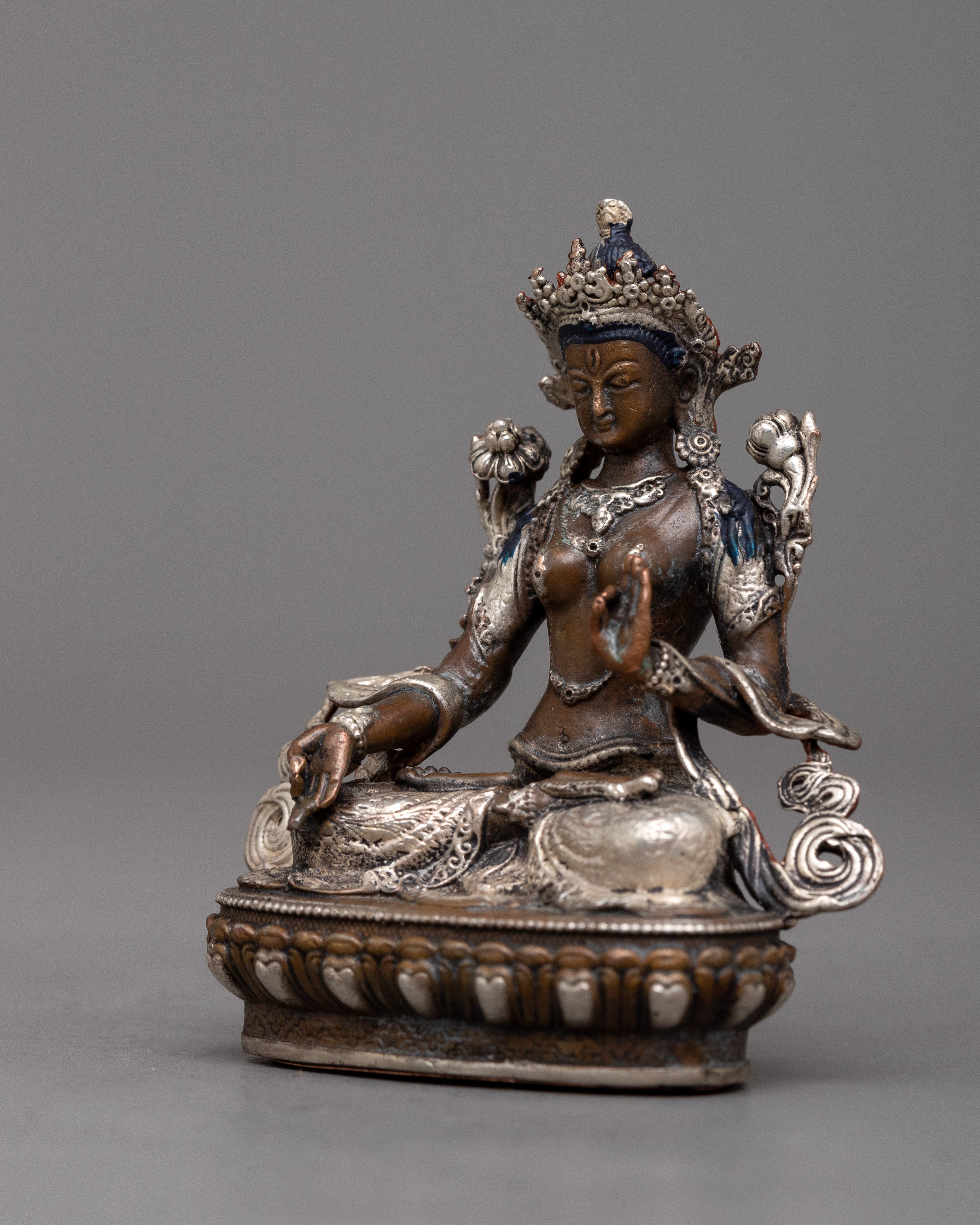 Miniature White Tara Statue | Tara in Copper Body and Silver Plating