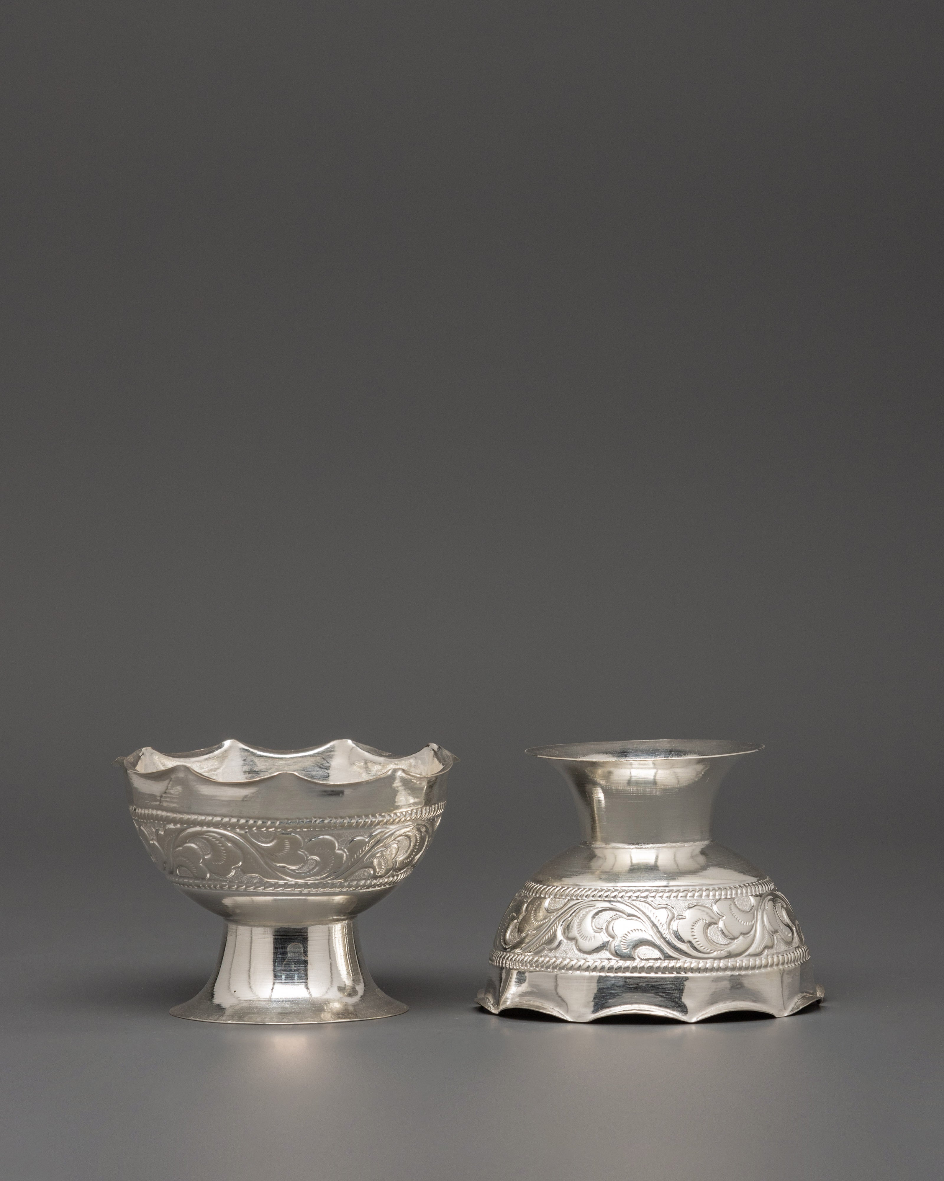 Pure Silver Offering Bowl Set for Ritual Ceremonies | Handcrafted Bowl Set Sacred Buddhist Decor