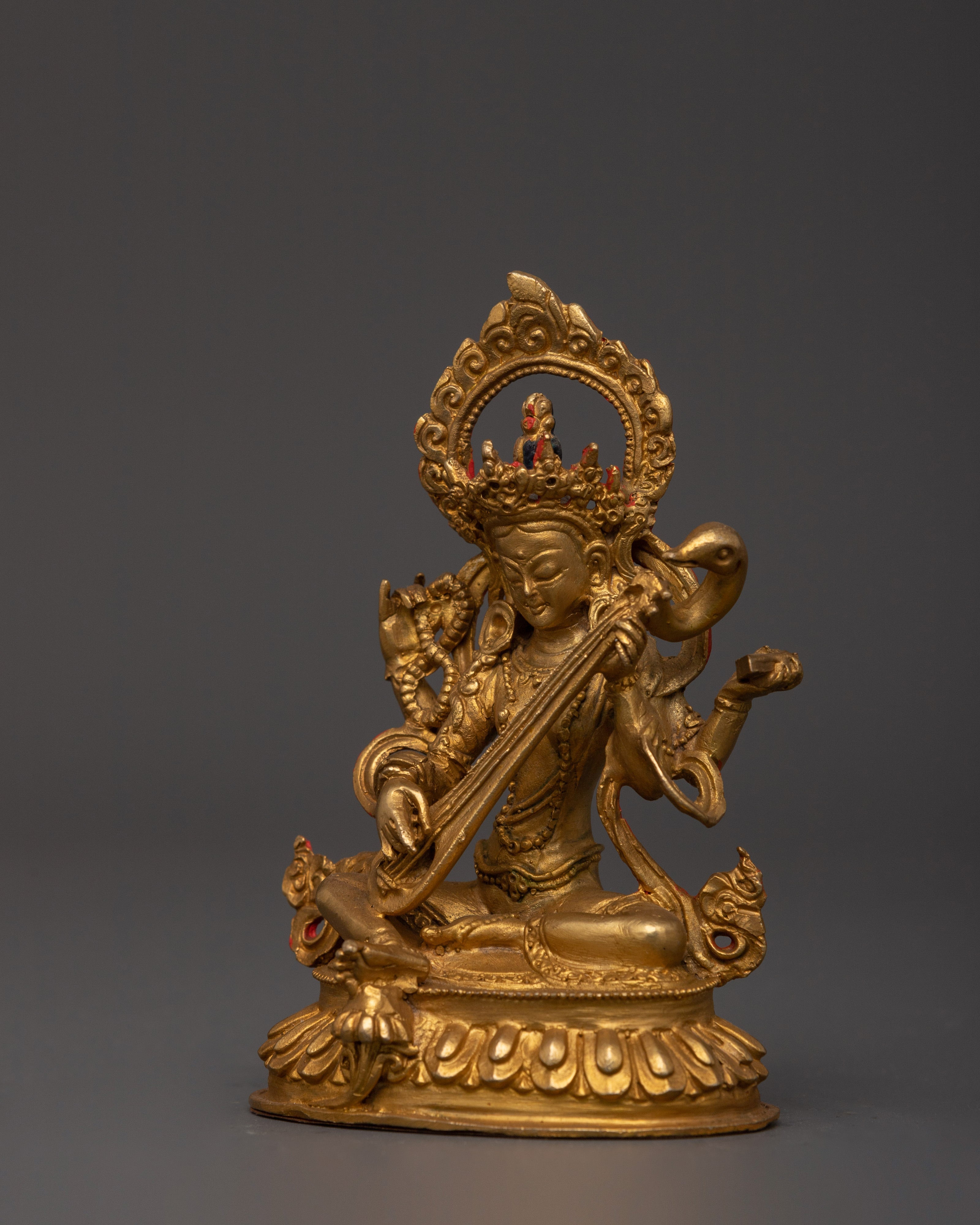 Gold Plated Saraswati Devi Statue | Goddess Idol of Wisdom, Purity & Knowledge
