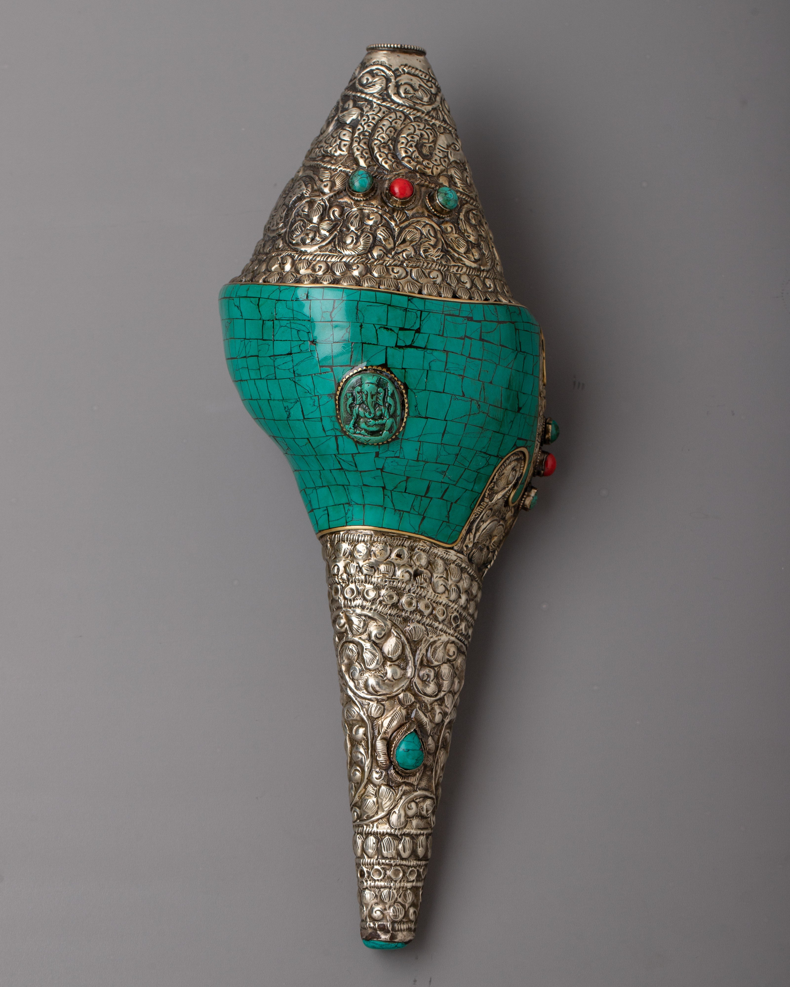 White Metal Conch Turquoise | Elegant Shankha for Spiritual Offerings