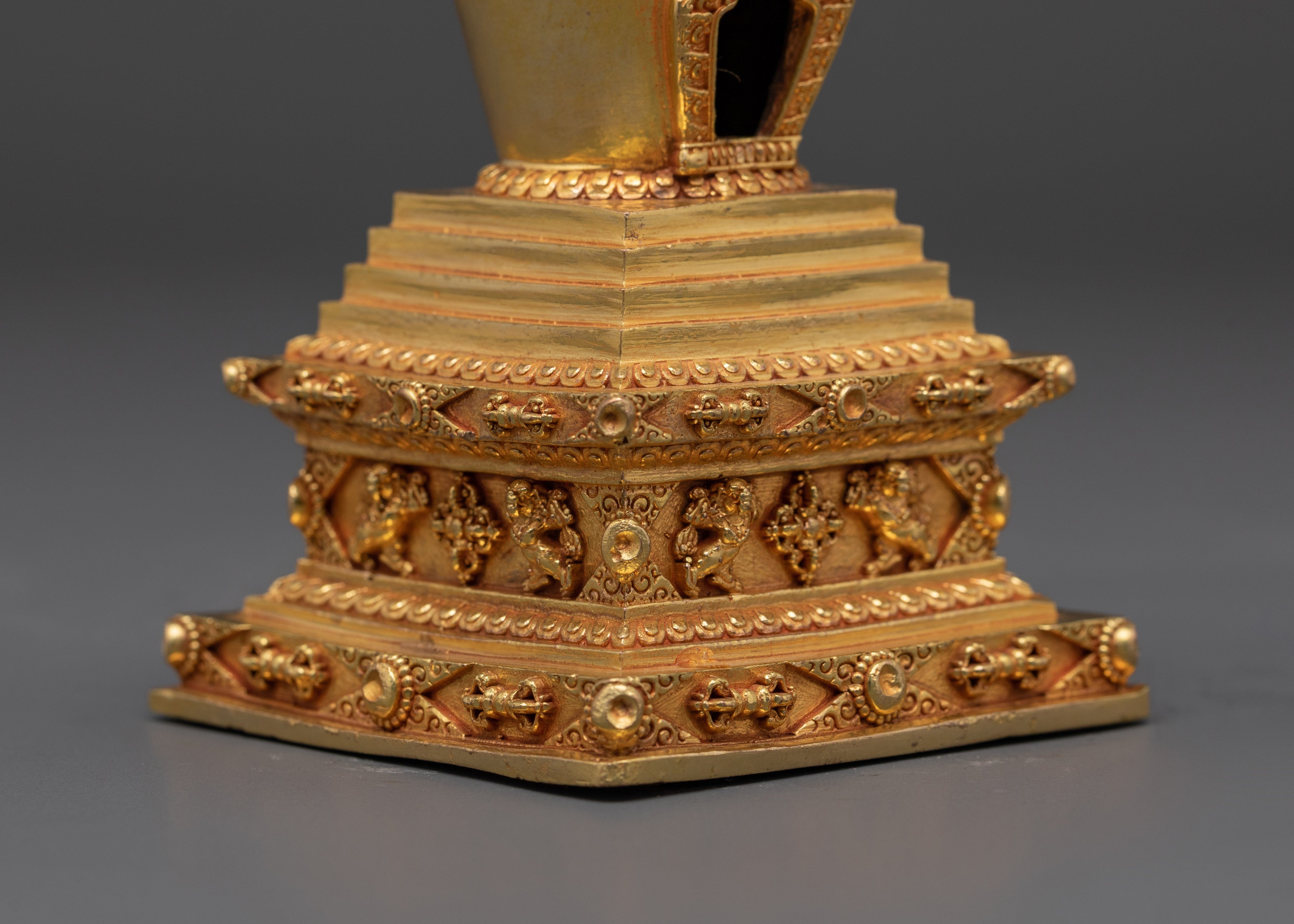 Handcrafted Buddhist Spiritual Copper Stupa Statue | Gold Plated Tibetan Decor
