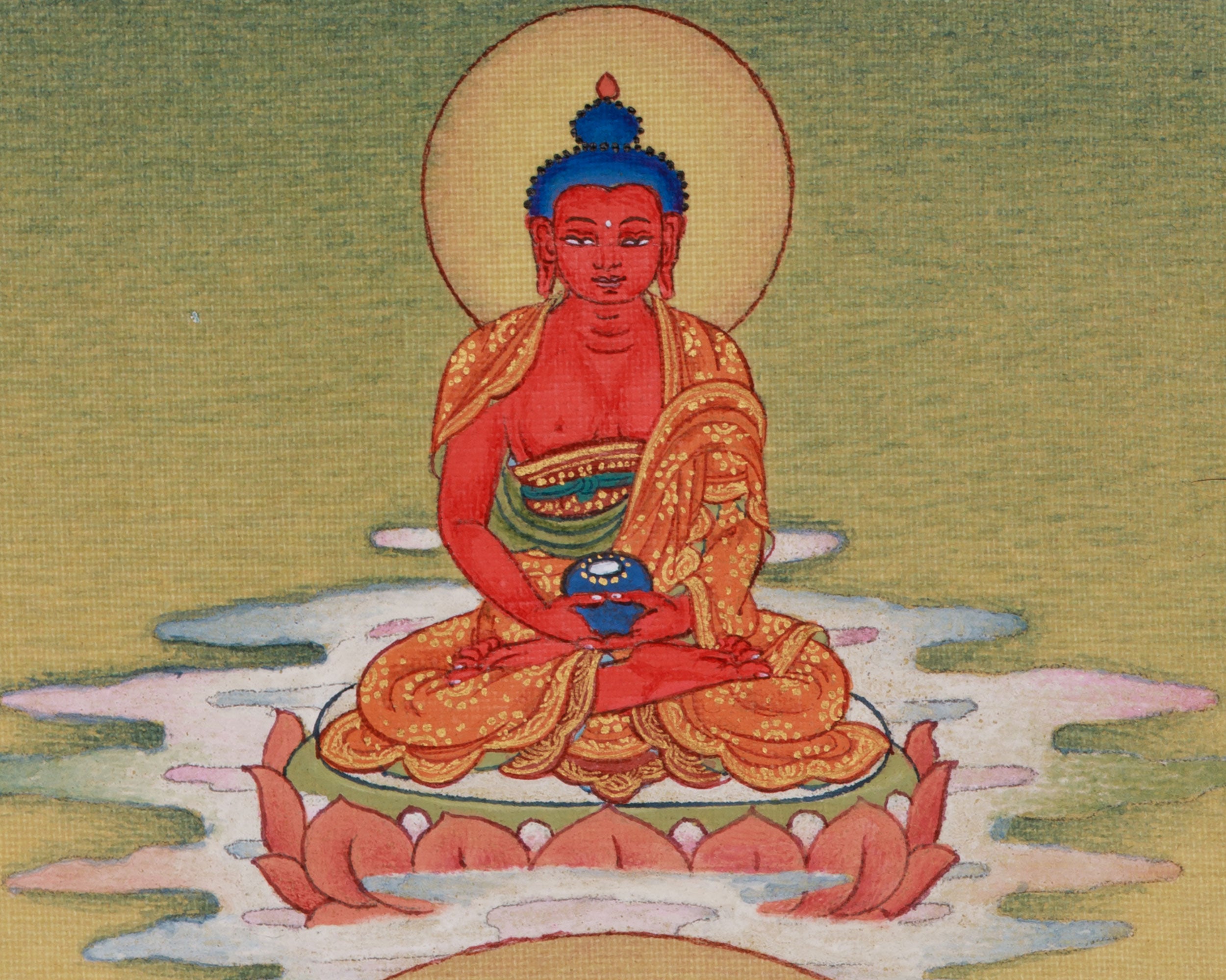 Red Hues Buddhas, Amitayus and Amitabha Artwok | Lhasa Stone Pigments