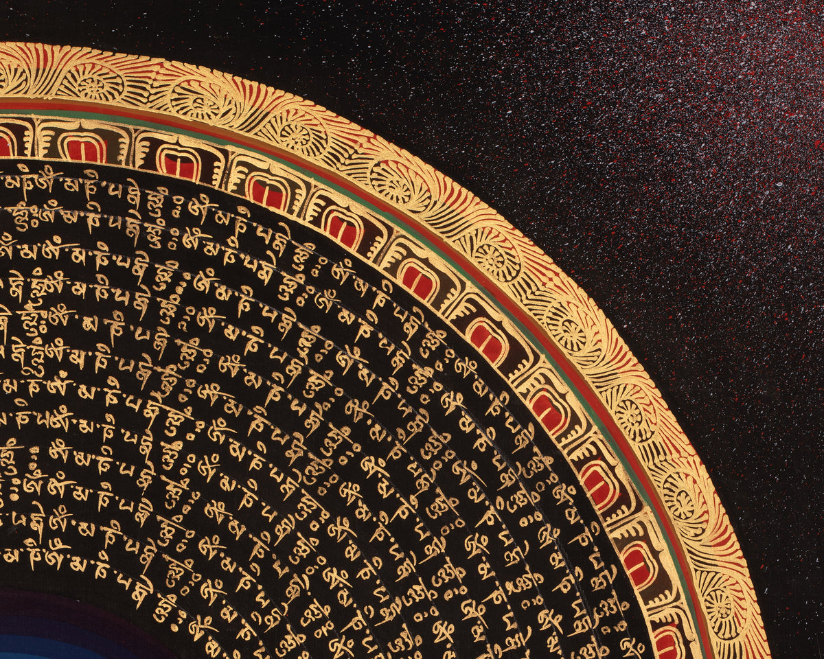 Om Mantra Mandala Thangka | Sacred Tibetan Buddhist Gold-on-Black Painting