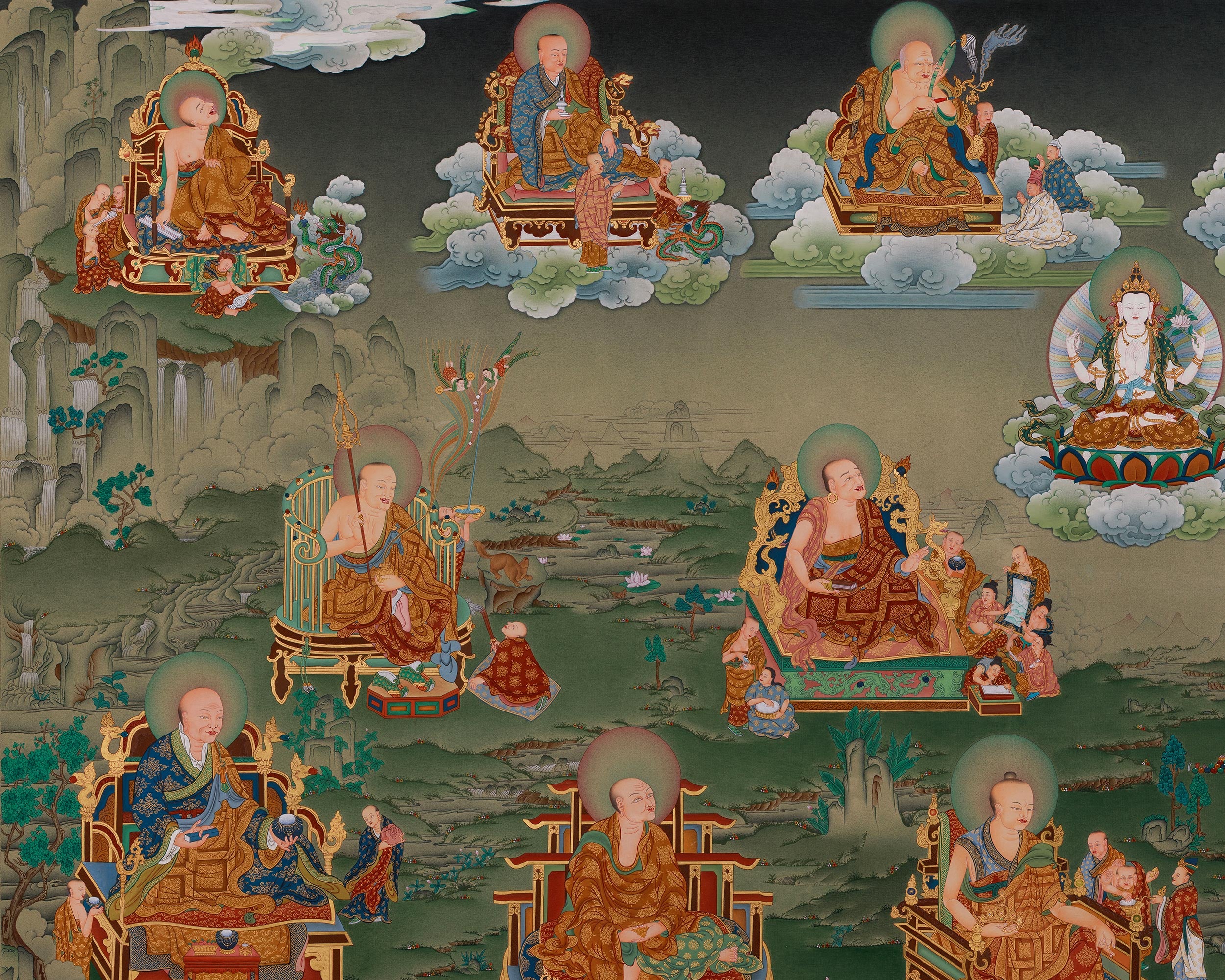 Tibetan Shakyamuni Buddha With 16 Arhat Thangka | Representation of Compassion, and Enlightenment