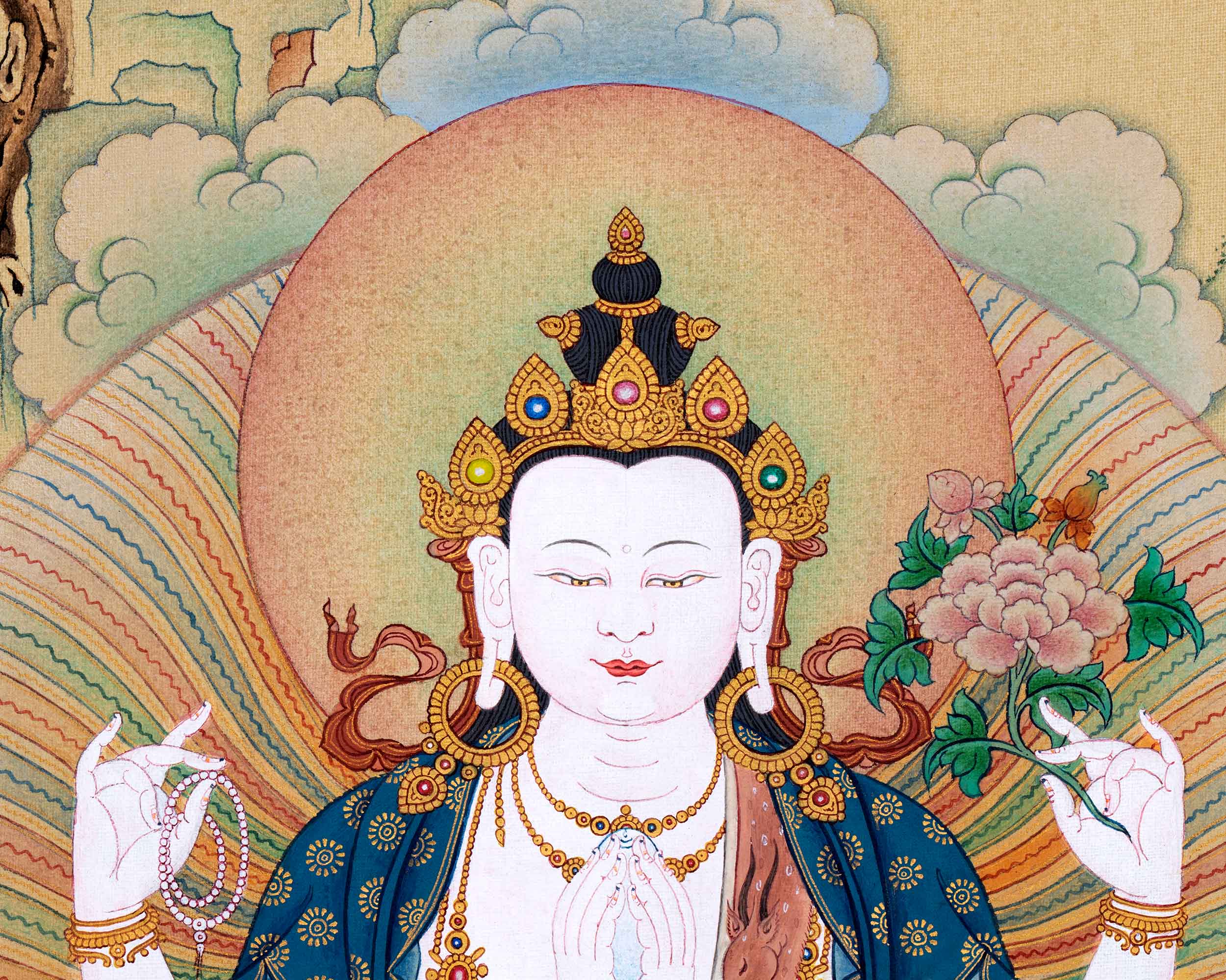 Tibetan Bodhisattvas Thangka | Chenrezig. Manjushri and Vajrapani