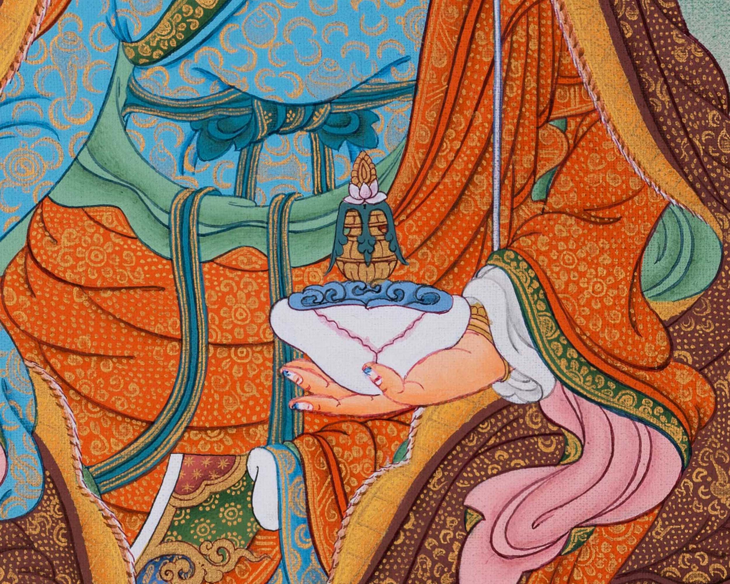 Guru Rinpoche Thangka with Mandarva and Yeshe Tsogyal | Amitabha Buddha Atop