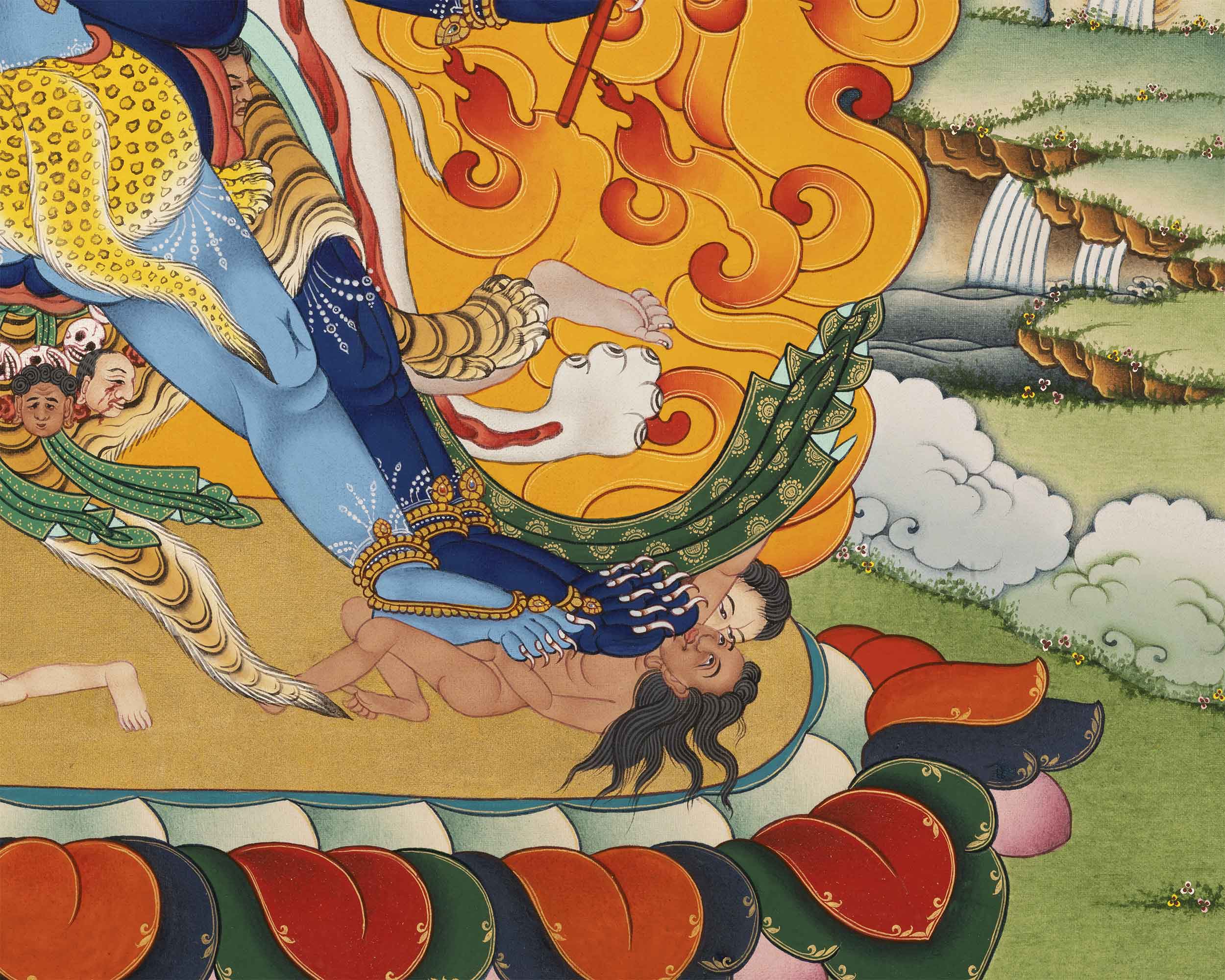 Vajrakilaya Thangka Print | Antique Black and Red Silk Brocade | Runner