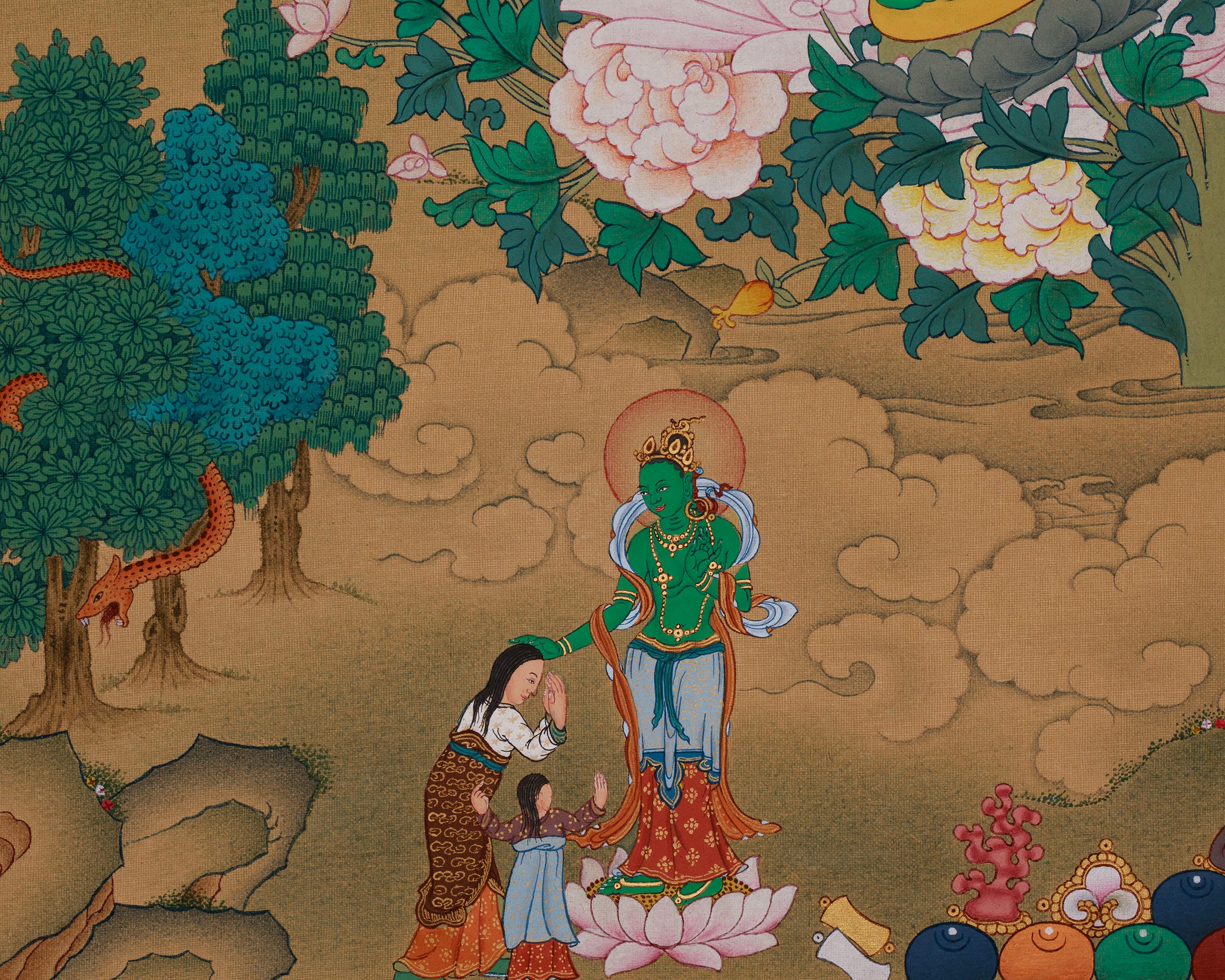 Divine Thangka of Green Tara with Amitabha Buddha | Goddess of Compassion