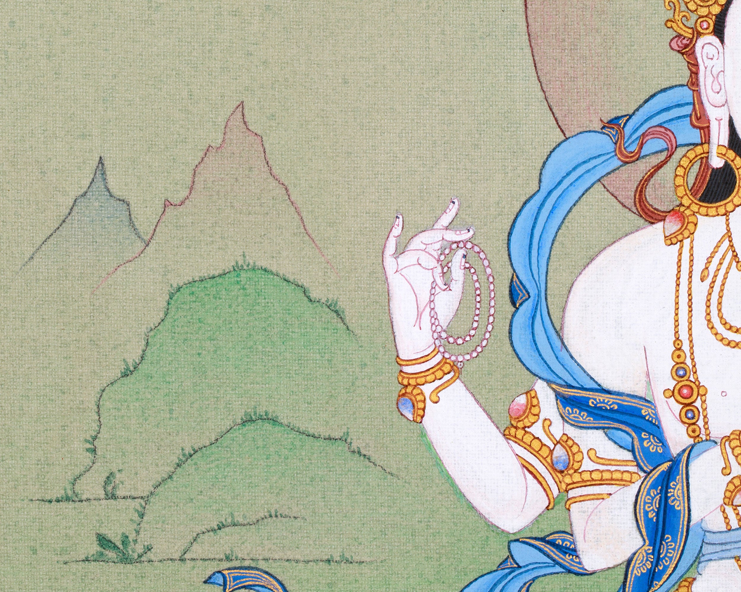 Small Hand-Painted Chenresig Thangka: Four Arm Bodhisattva | Compassion Deity