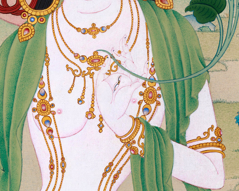 Radiant Grace: An Exquisite White Tara Thangka, Unique Depiction in Exceptional Quality