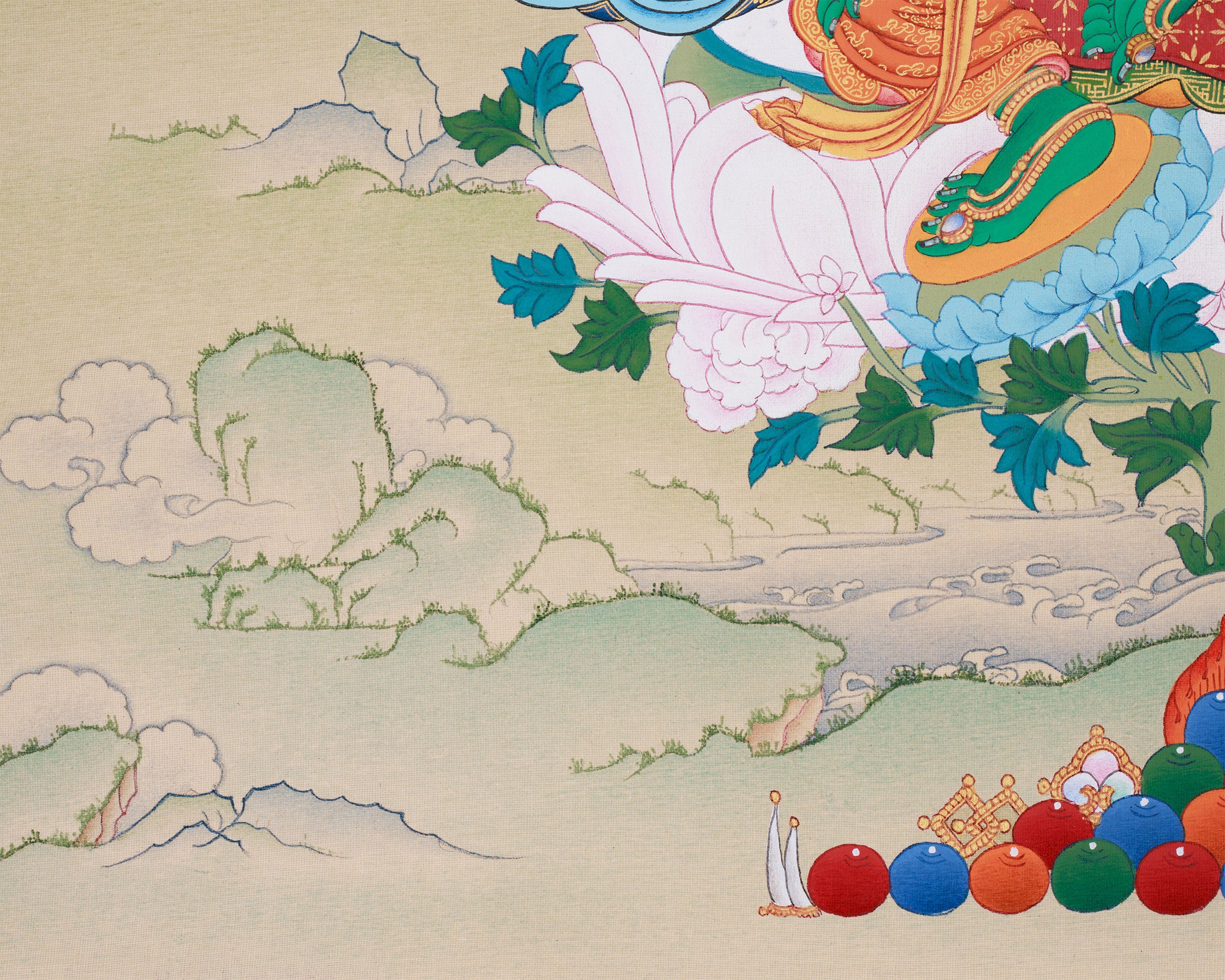 Uniquely Hand-Painted Green Tara Protection Deity Thangka | Featuring Amitabha Buddha