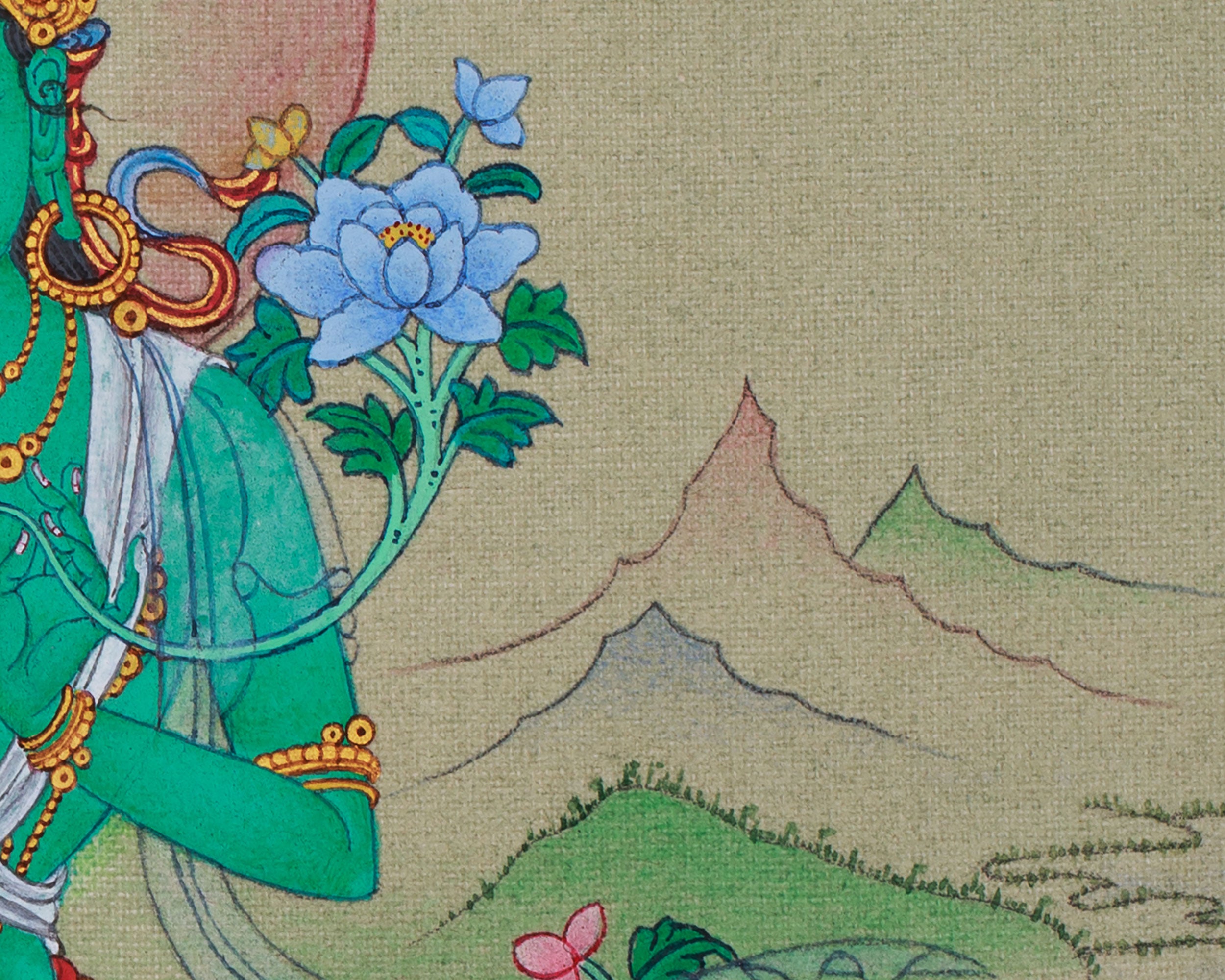 Green Tara: Small but Detailed Thangka in Lhasa Stone Colors