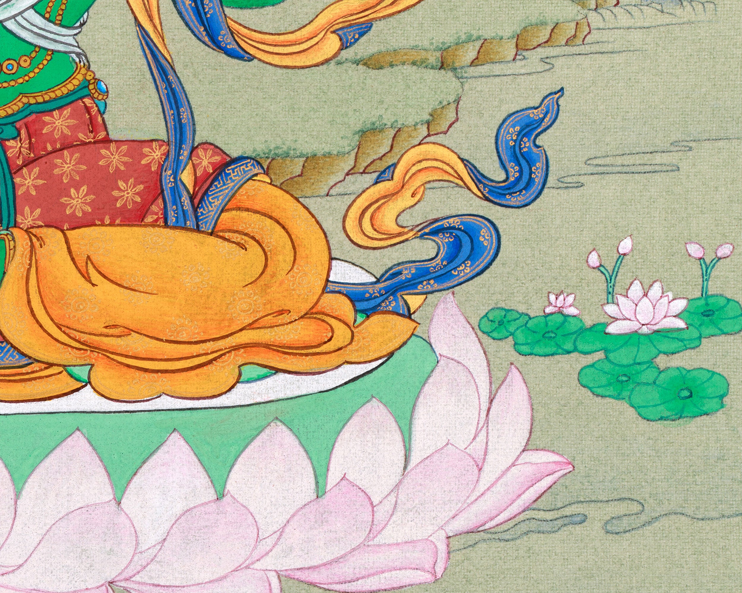 Tibetan Art of Small Green Tara on Cotton Canvas