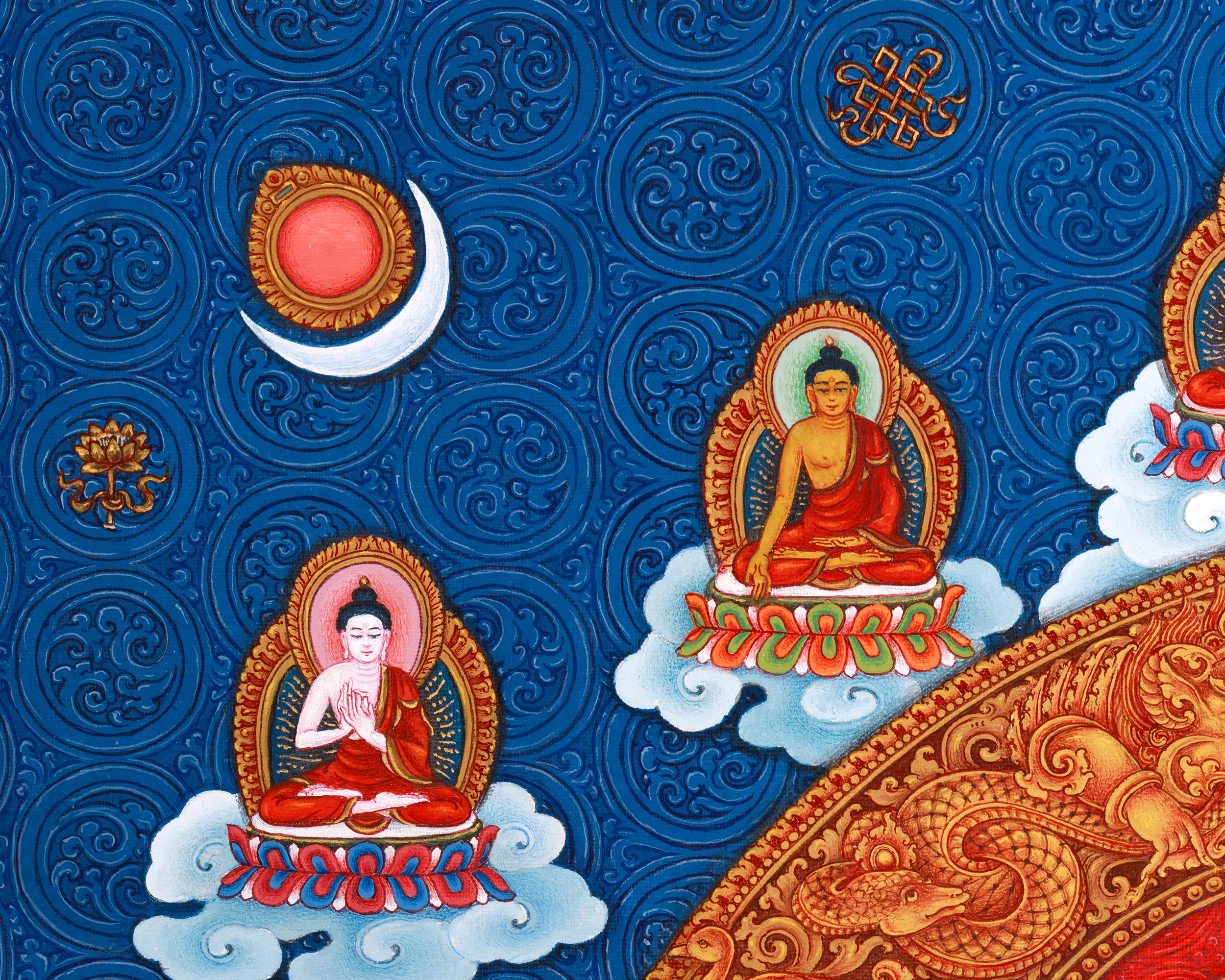 Standing Avalokiteshvara (Guanyin) Thangka Print | 5 Dhyani Buddhas | High-Quality Giclee Print for Meditation | Paubha Painting