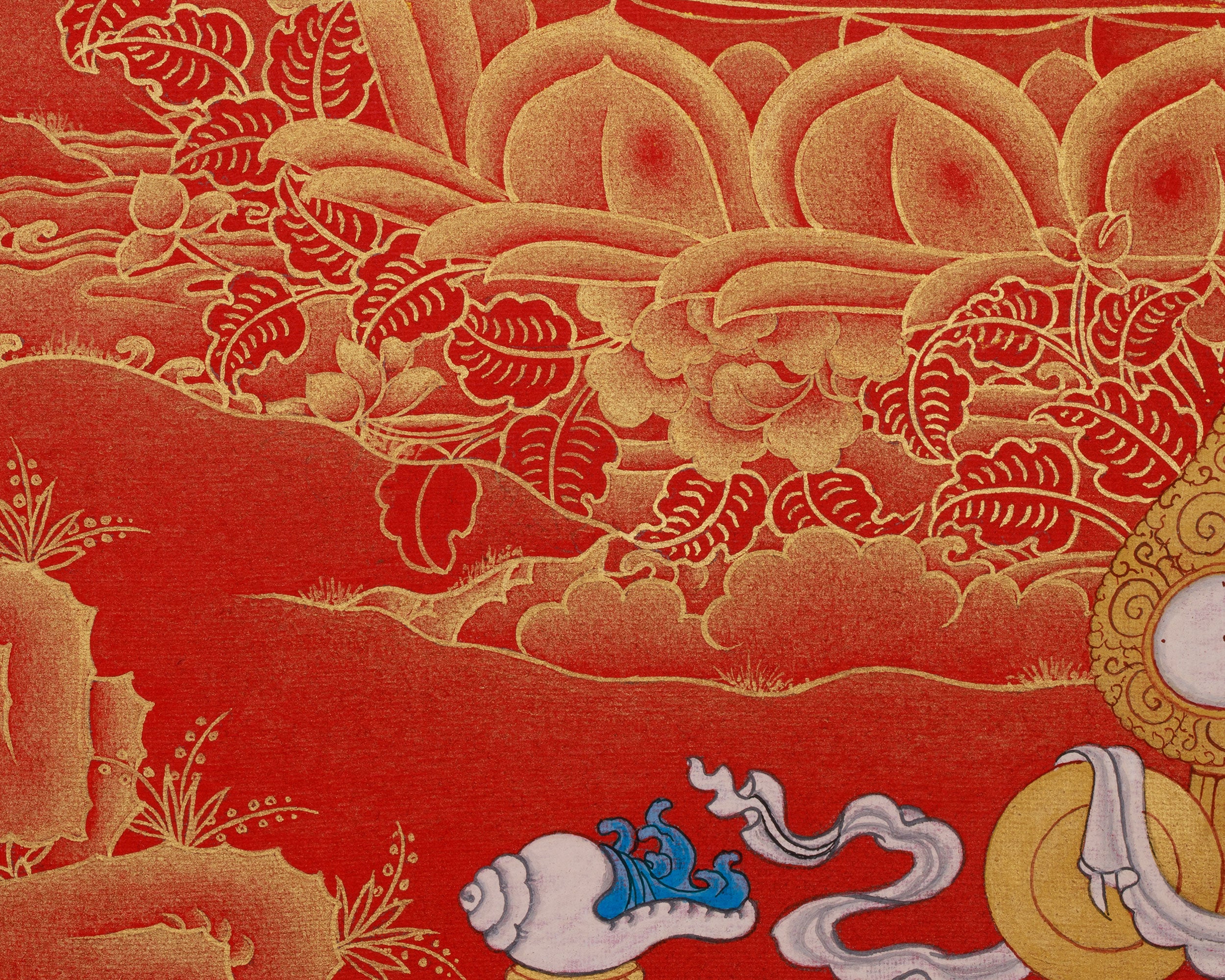 Golden Grace on Red, 4 Arms Avalokiteshvara Thangka, Deity of Compassion