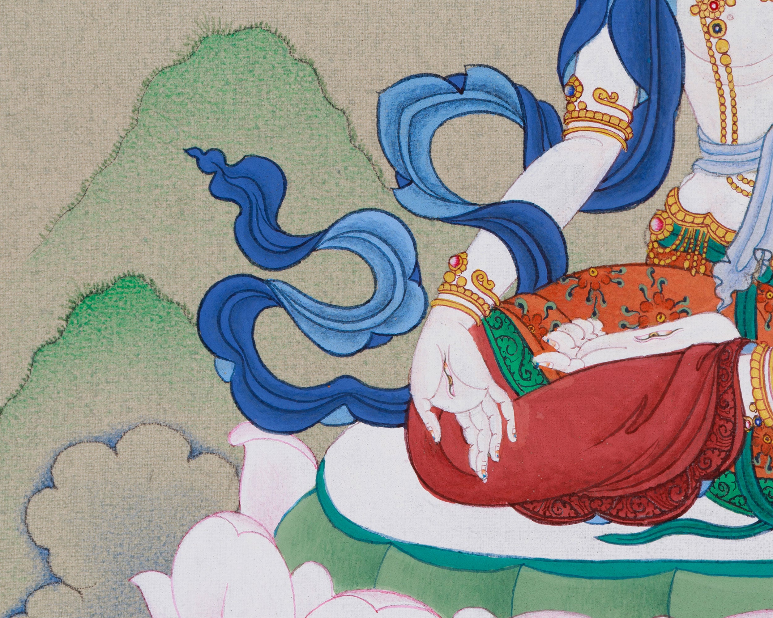 13 Inches White Tara Buddha Art | Hand-Painted Tibetan Deity of Healing