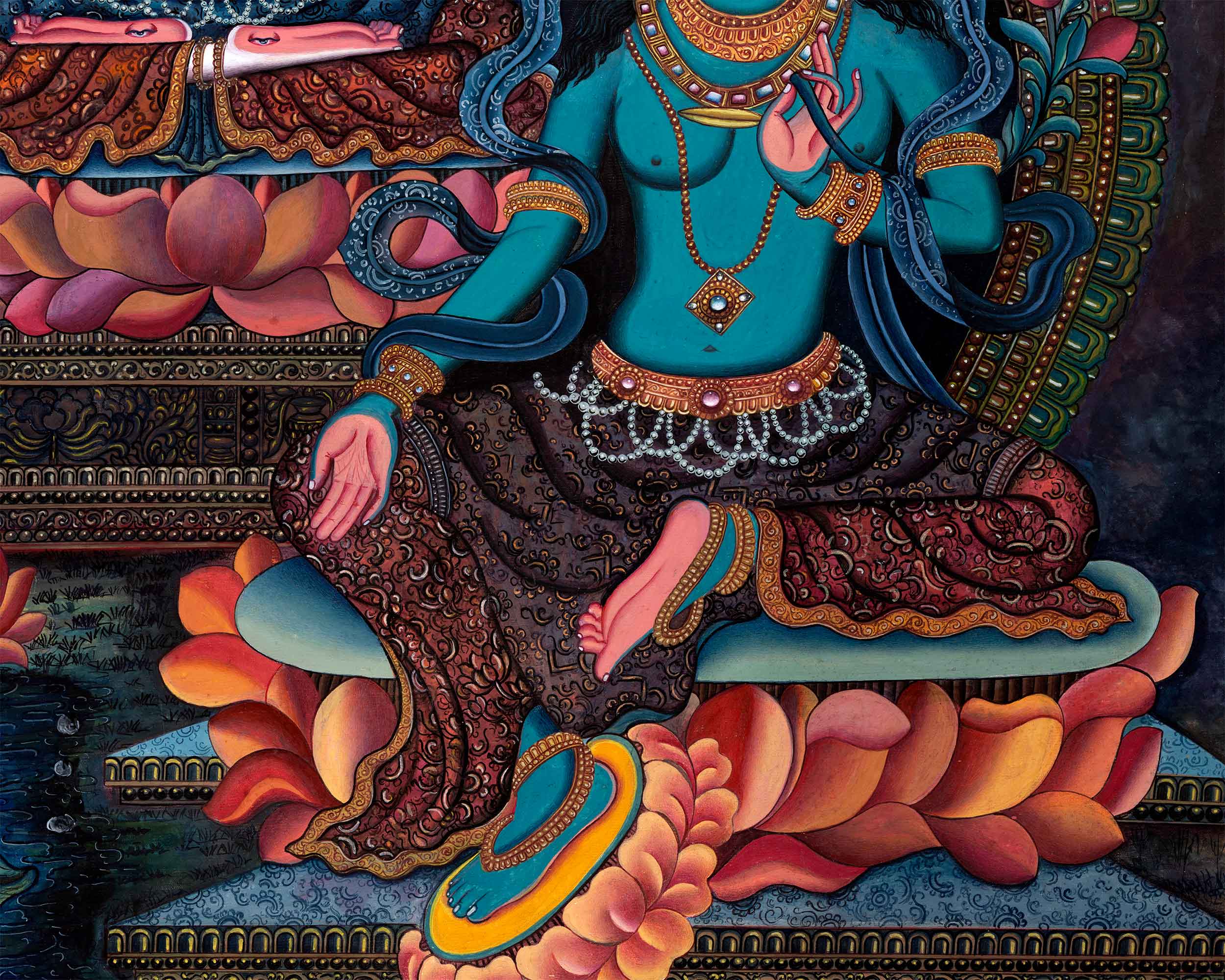 Newari Print Of Green Tara and White Tara With Chenrezig | Highly-Revered Deities Of Buddhism