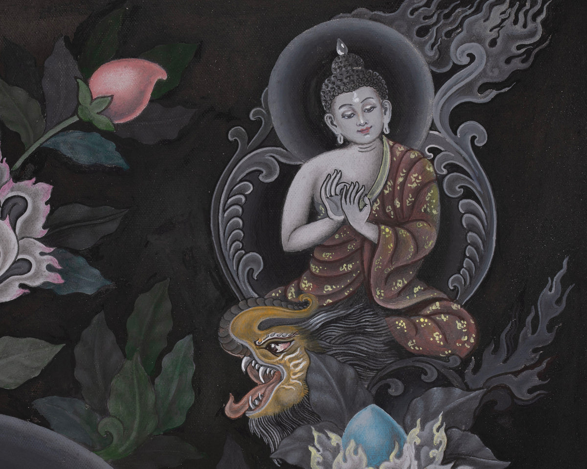 Newari Black and White Arya Manjushri Thangka | Wisdom Buddhist Art