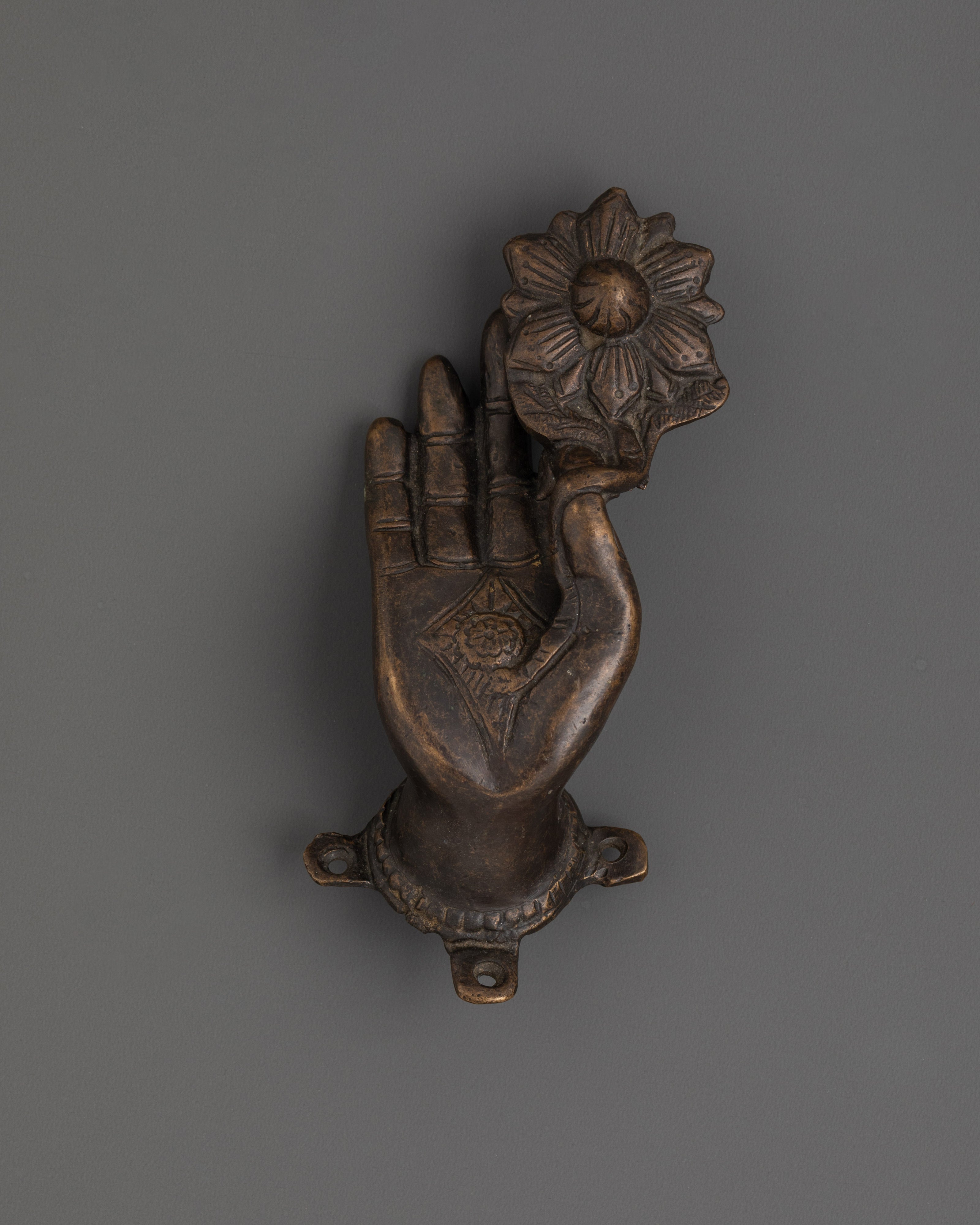 Brass Hand Holding Lotus Door Handle | Artistic Sacred Symbol Door Pull