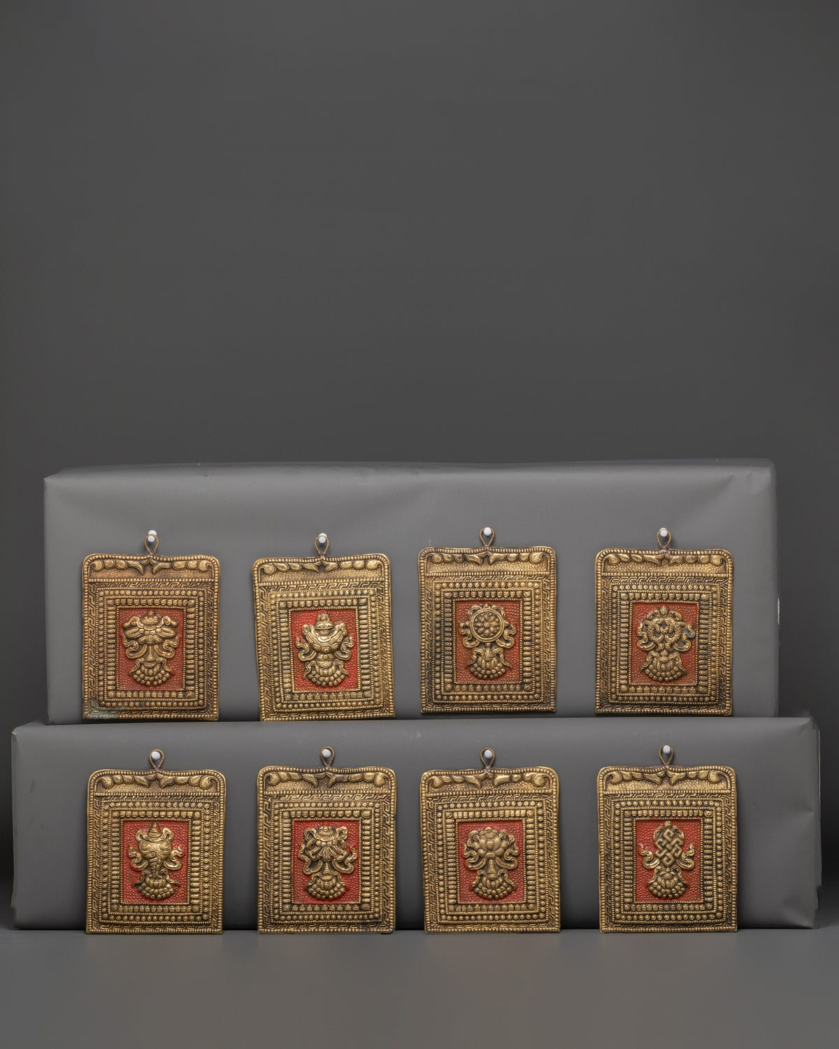 Tibetan Ashtamangala Wall Hanging | Brass Eight Auspicious Symbols Buddhist Decor