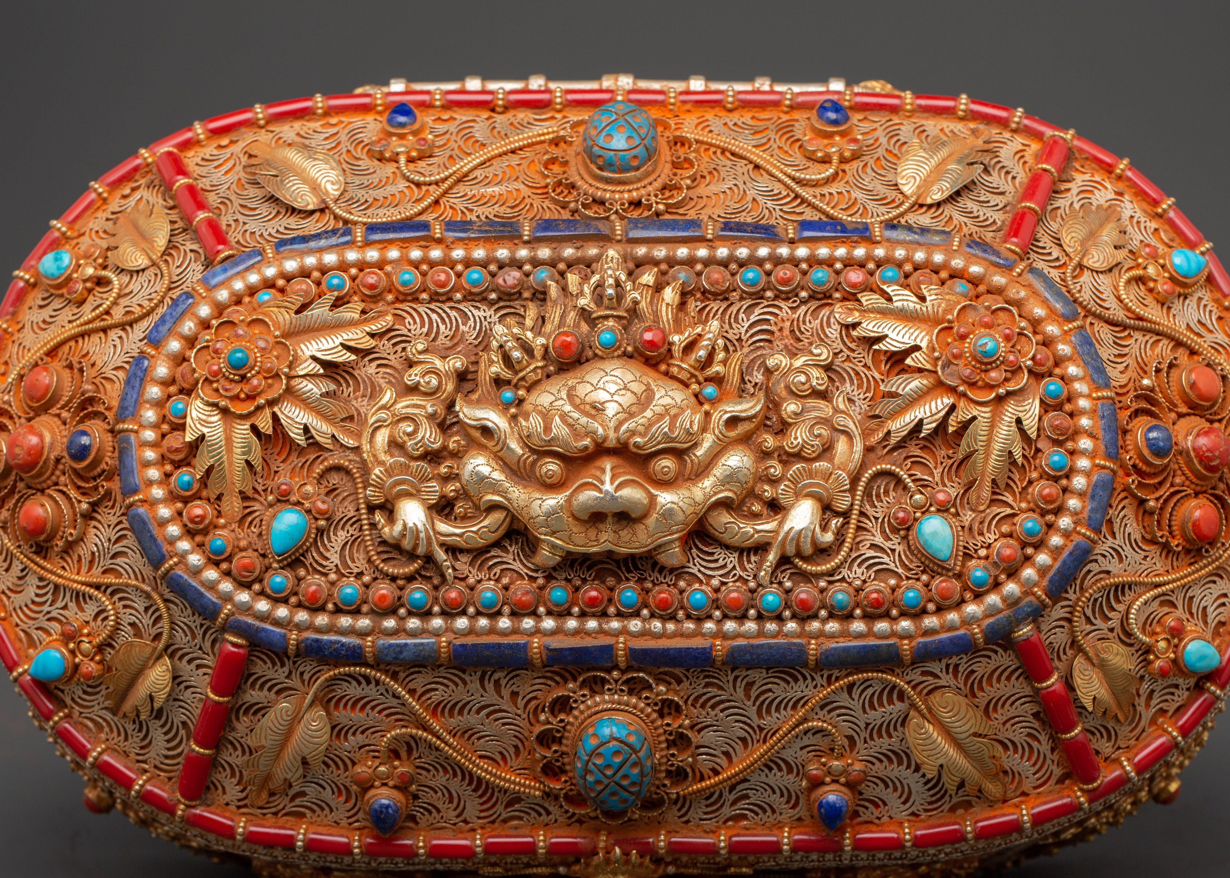 Gold-Plated Copper Tibetan Treasure Box | Coral & Turquoise Stones Inlaid Handcrafted Box
