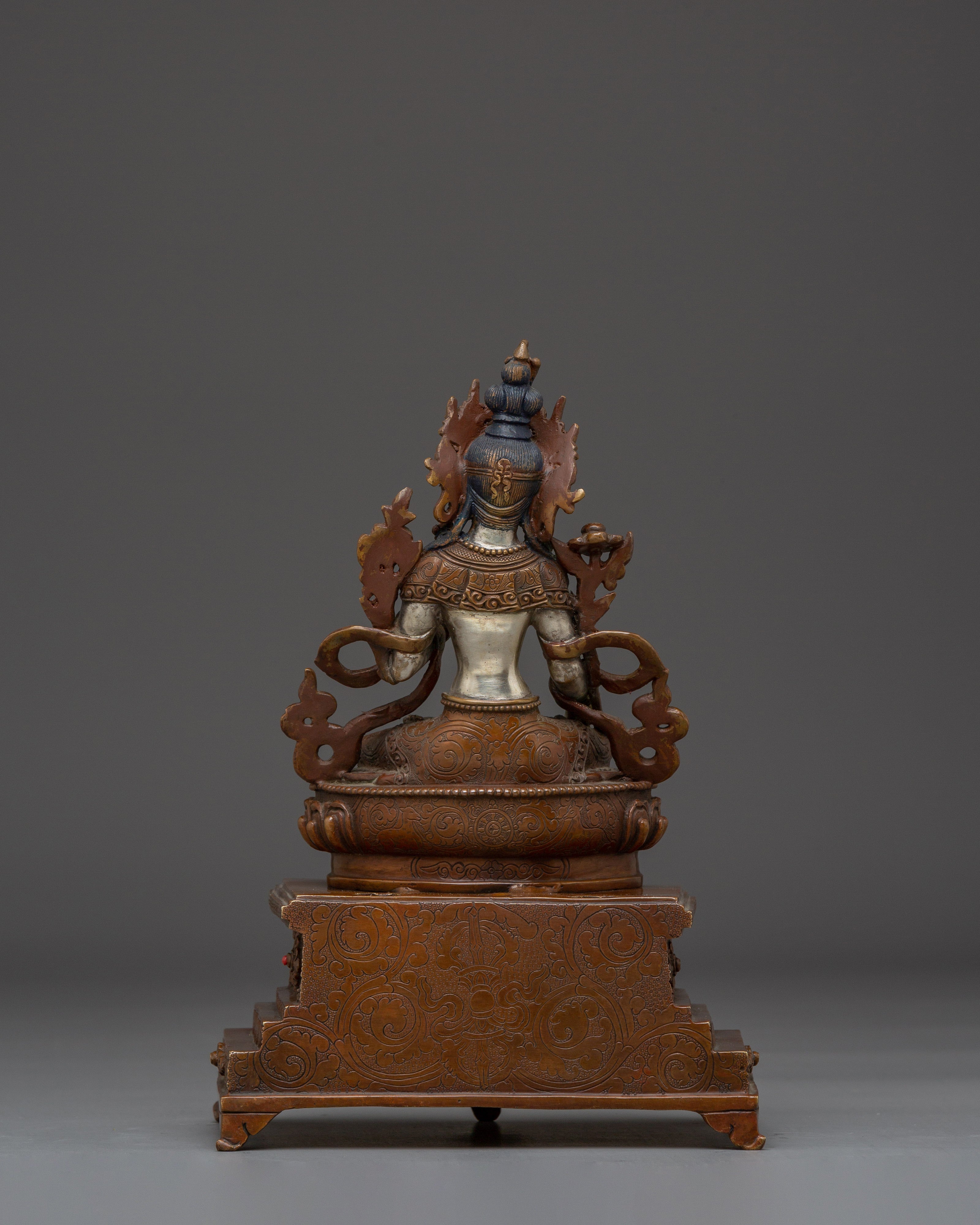 Silver and Copper White Tara Statue with Throne | Healing, Longevity & Spiritual Decor