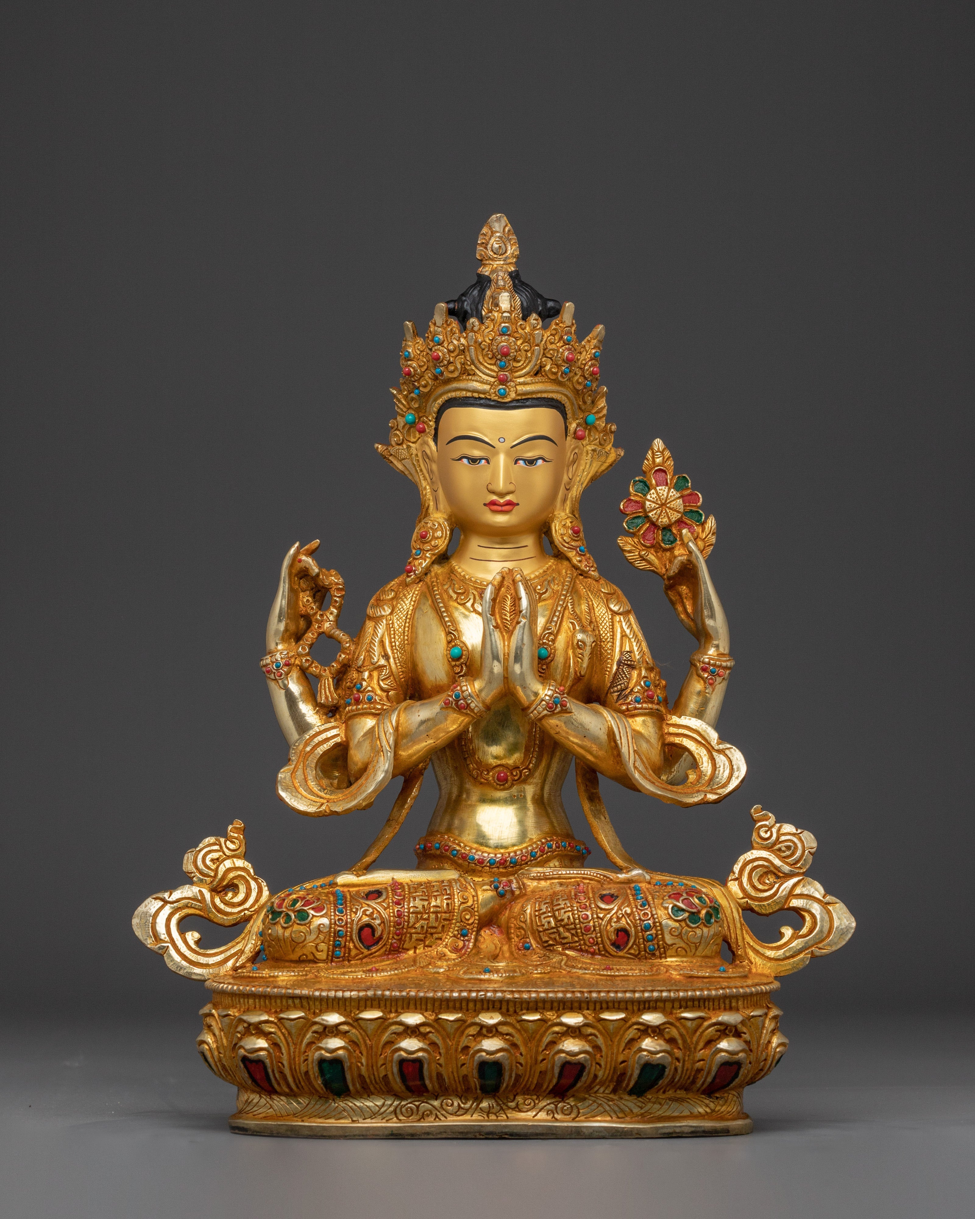 Chenrezig Copper Artwork with Gemstones Statue