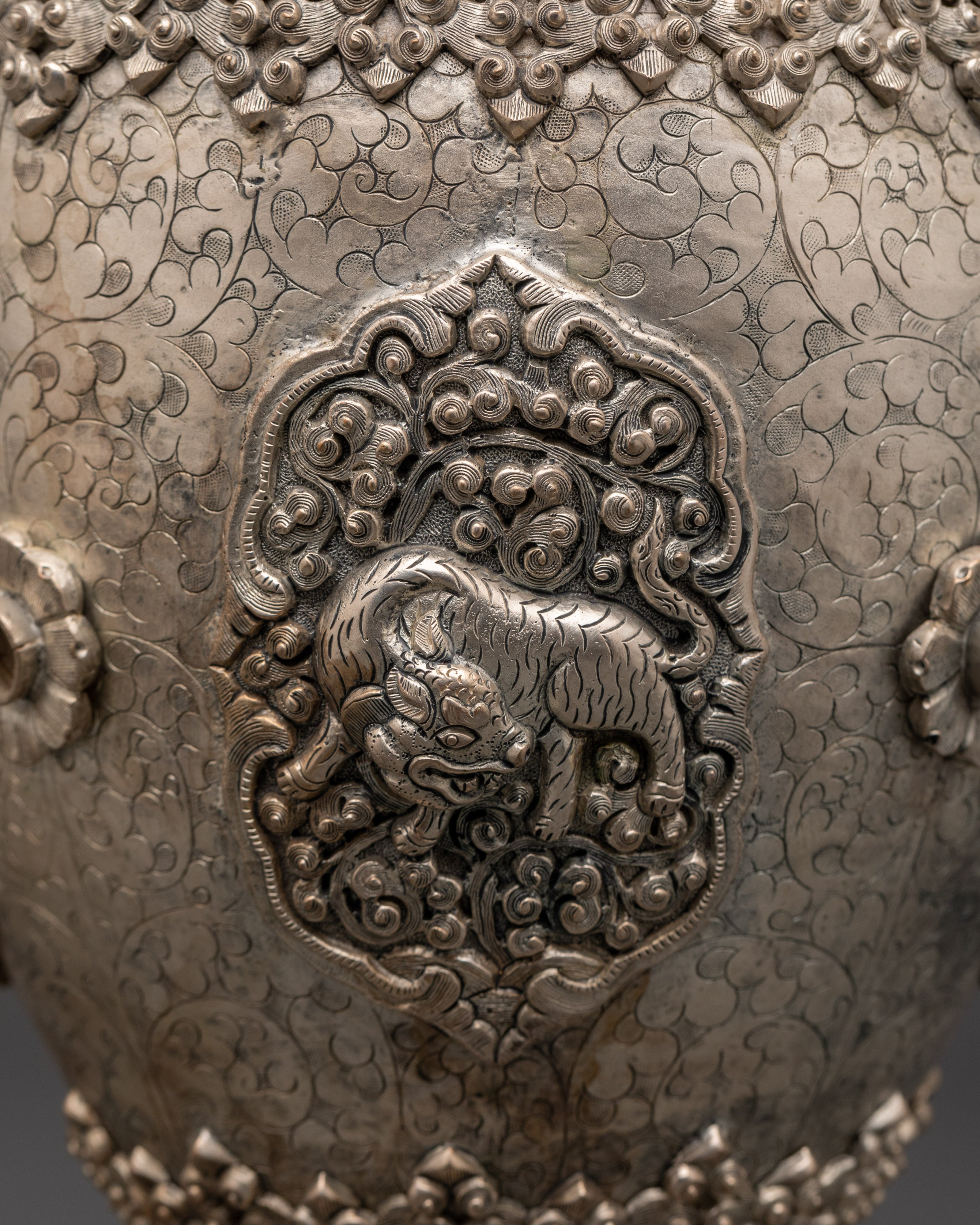 Handcrafted Silver Flower Vase Pair | Tibetan Buddhist Lion Motif Urns